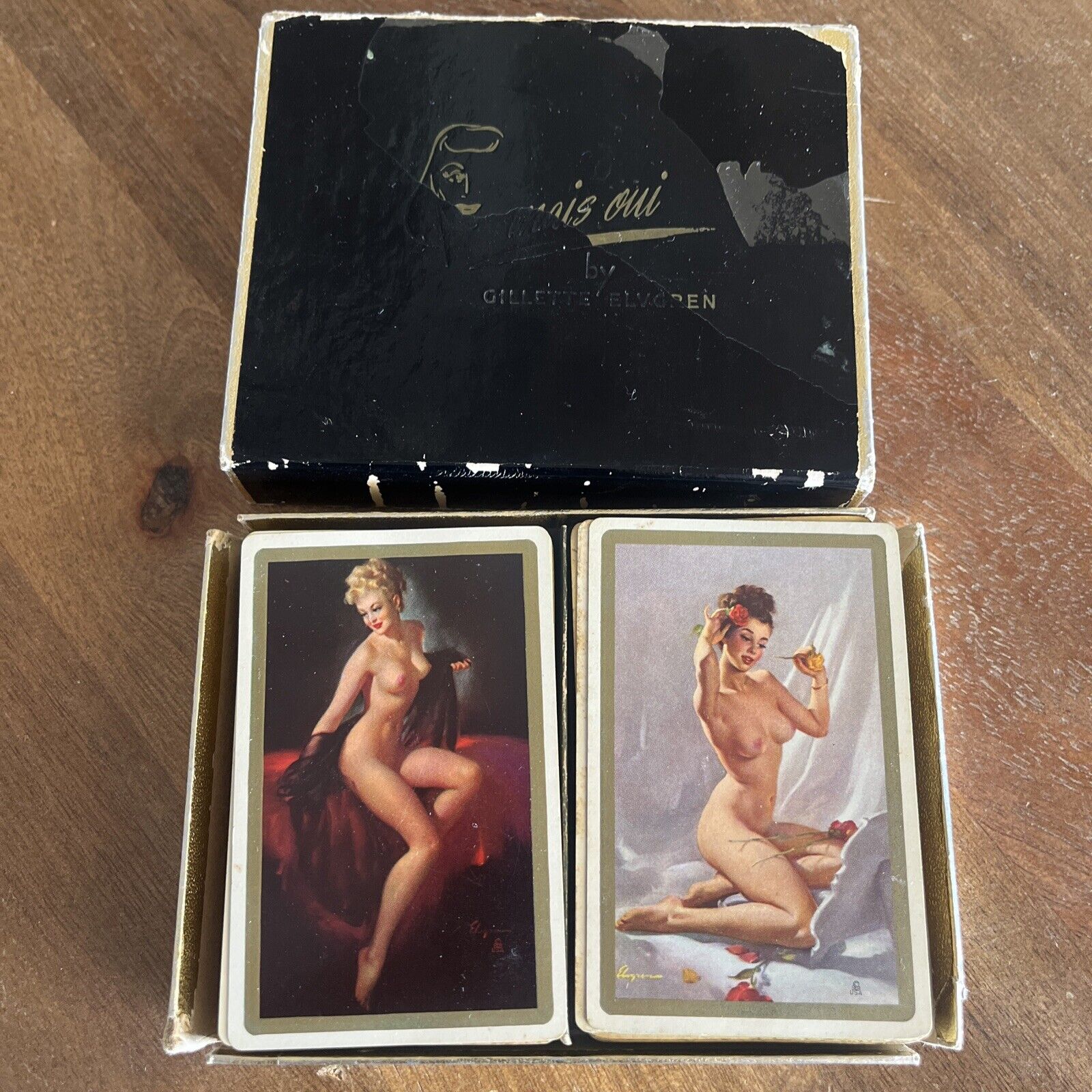 Vintage Mais Oui Topless / Naked Blonde Single Swap Playing Card Red Background