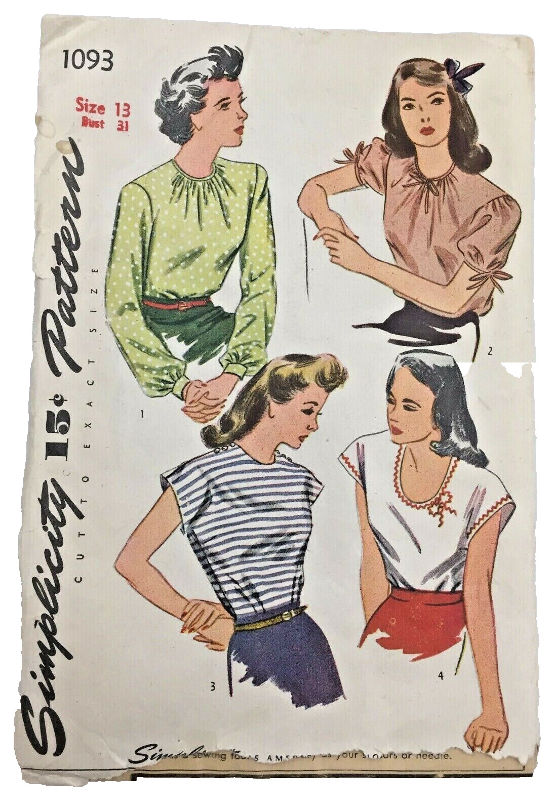 1944 Simplicity Sewing Pattern 1093 Womens Blouses 4 Styles Sz 13 Vintage  2030