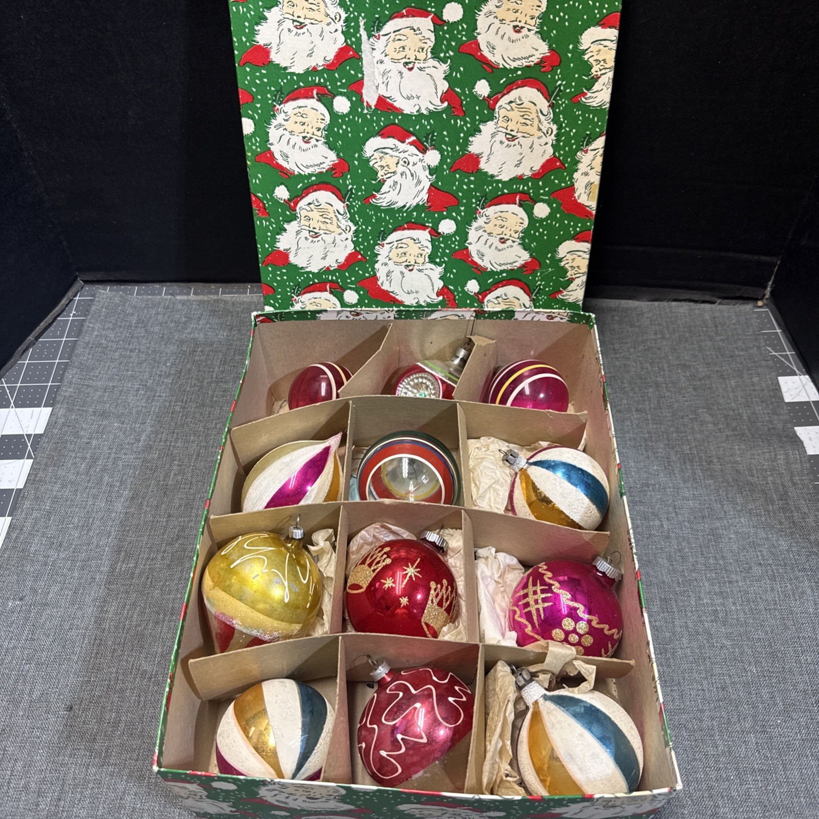 lot of 12 vintage christmas ornaments in an amazing box