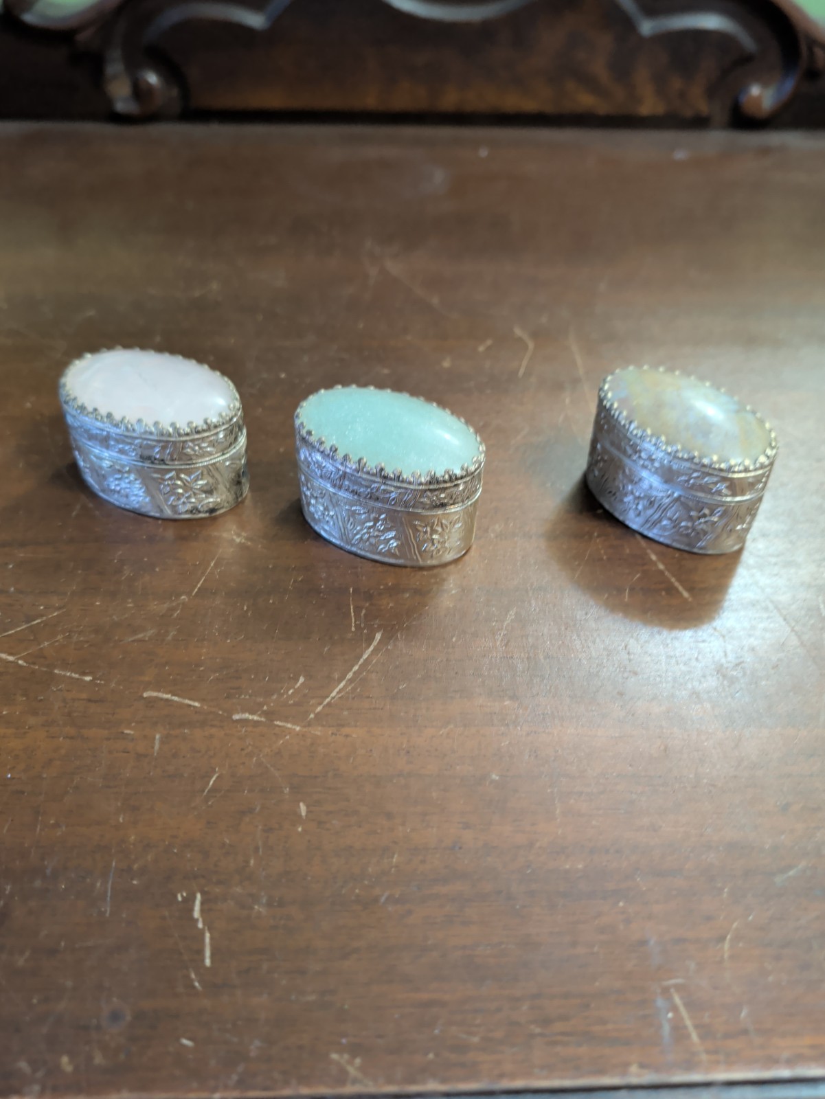 Lot Of 3 Vintage Silver And Stone Pill Or Trinket Boxes 
