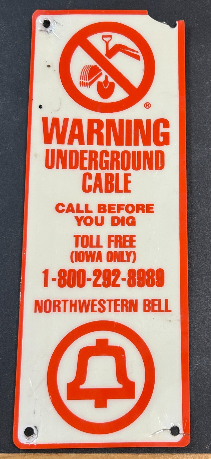 Northwestern Bell Phone System WARNING Underground Cable Vintage Plastic SIGN