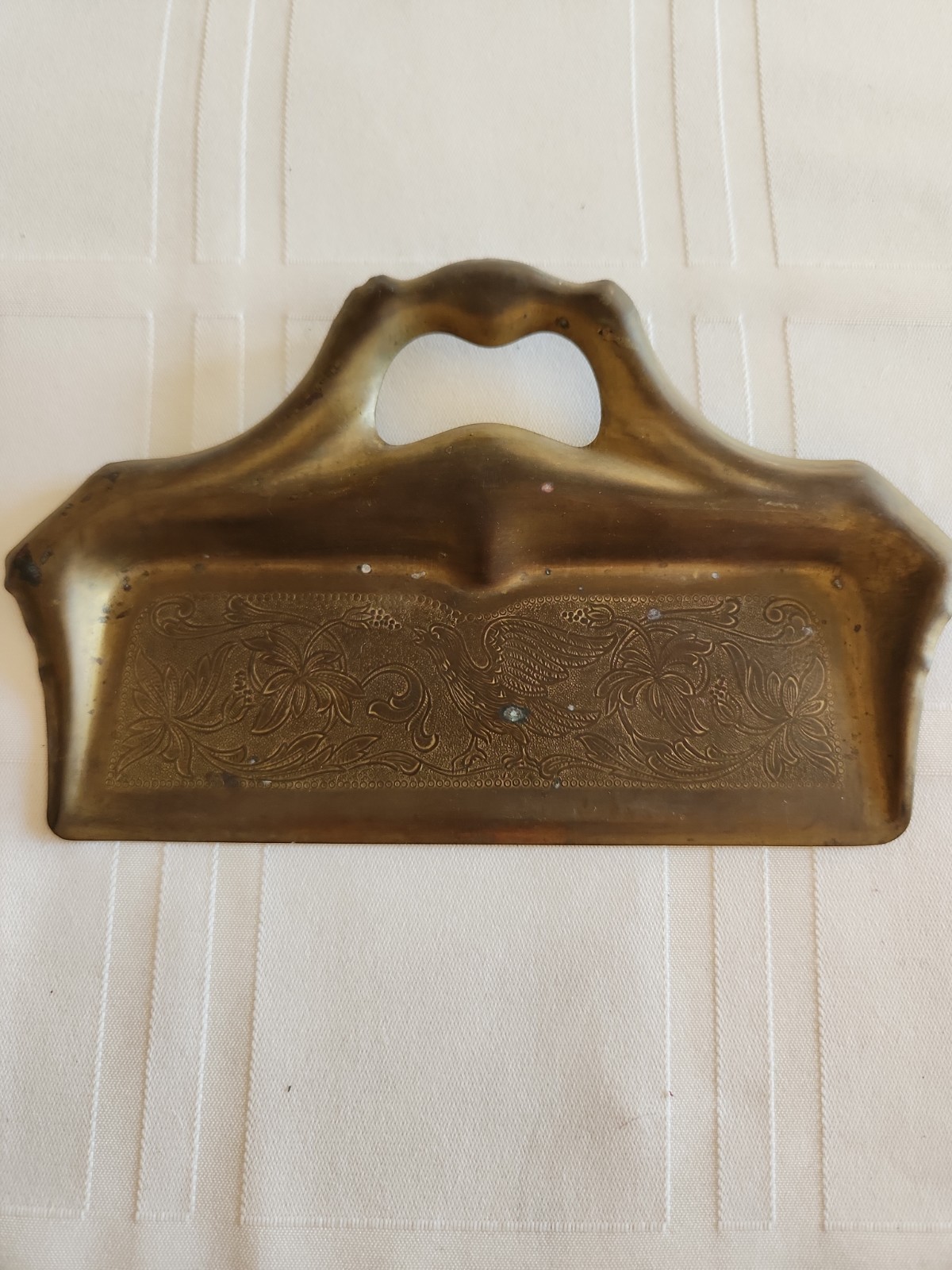 VINTAGE Brass Crumb Catcher - Silent Butler W/Art Nouveau Handle & Embossing
