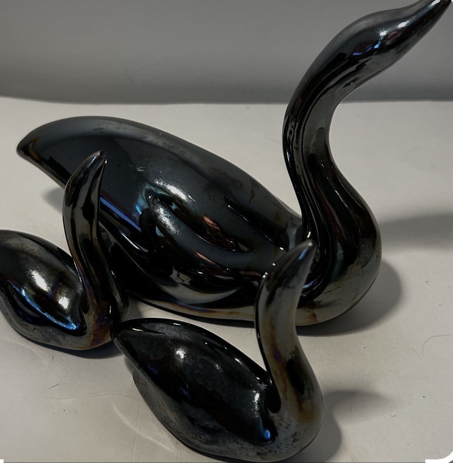 3 Black Swan Pair MCM Glossy Elegant Ceramic Figurines