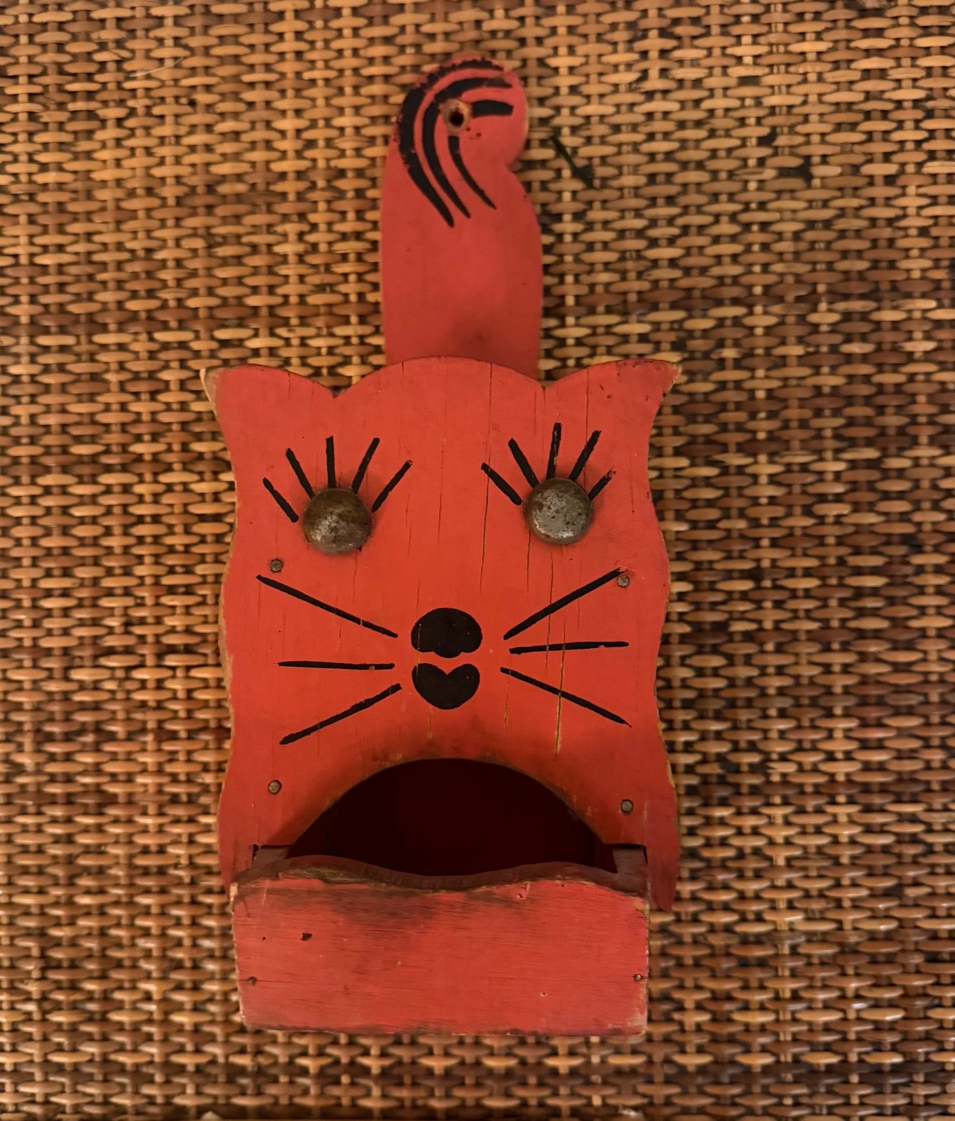 Vintage 1930s Folk Art Cat Match Box Holder, Orange, Cat, Metal Eyes