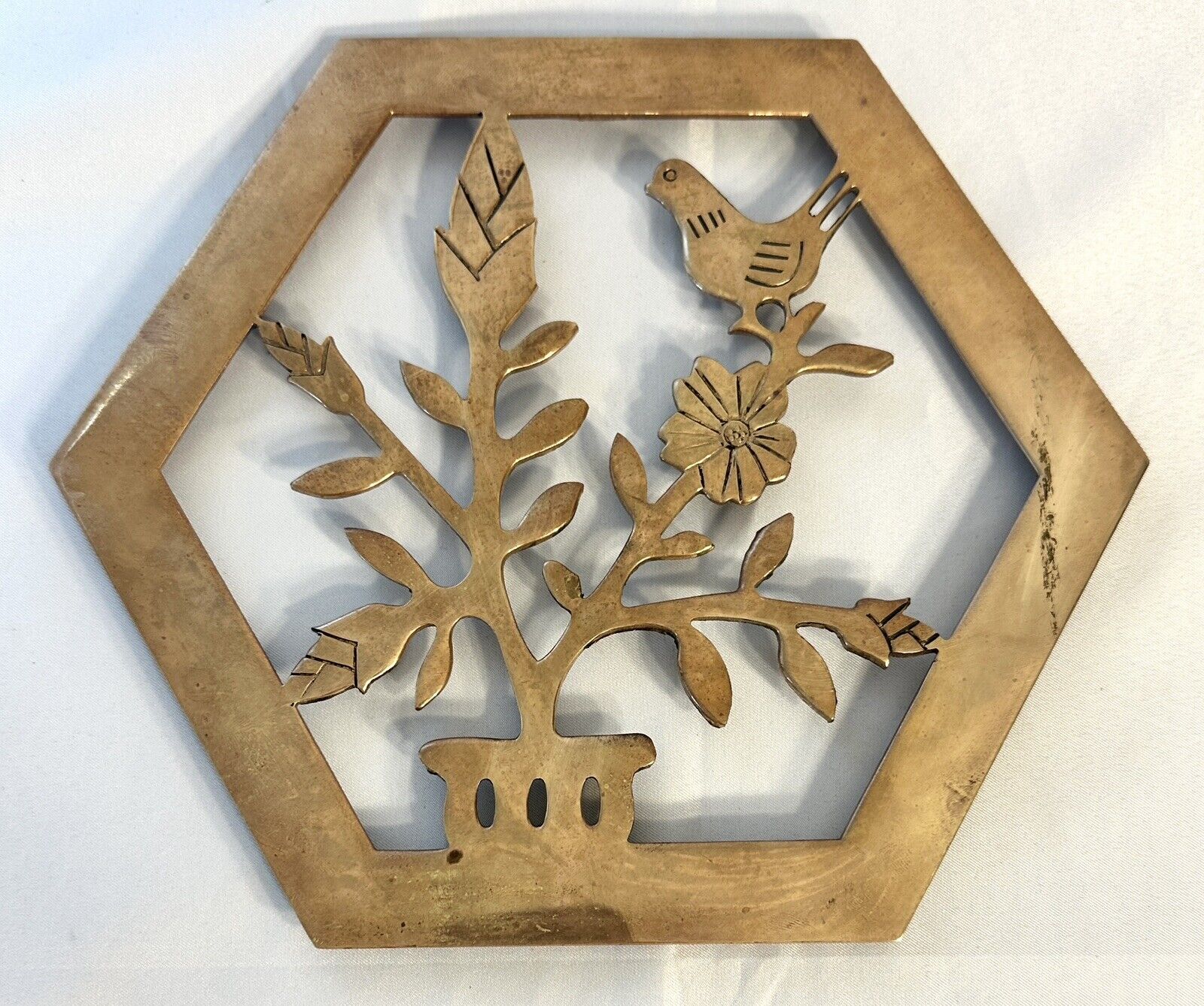 Vintage Solid Brass Trivet Wall Decor Brass Bird With Tree Wall Hanging Patina