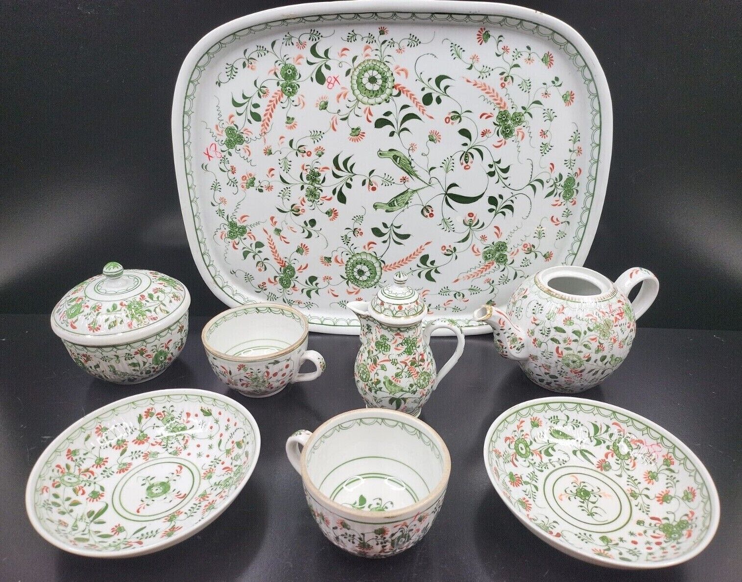 8 Pc Rauensteiner Green Porcelain Dishes Antique Friedrich Christian Greiner Lot