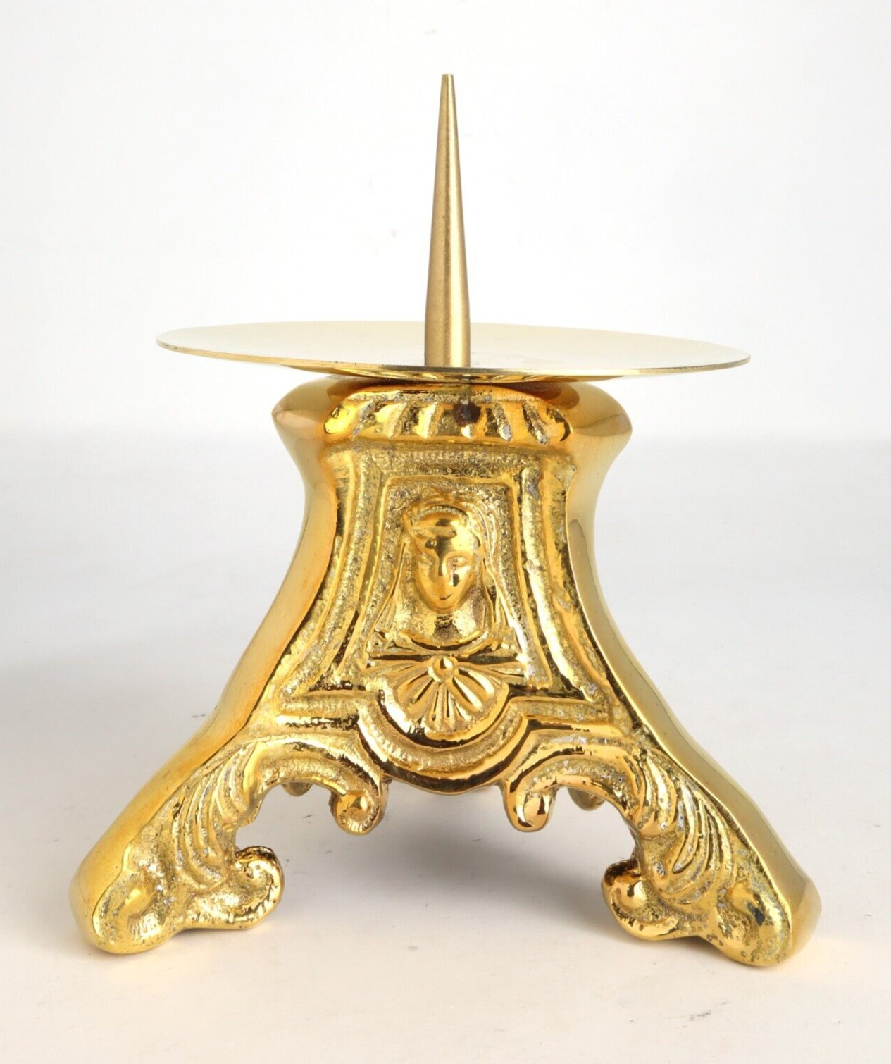 High Polished Brass Holy Family Embossed Spike Candlestick for Altars 3 1/2 In