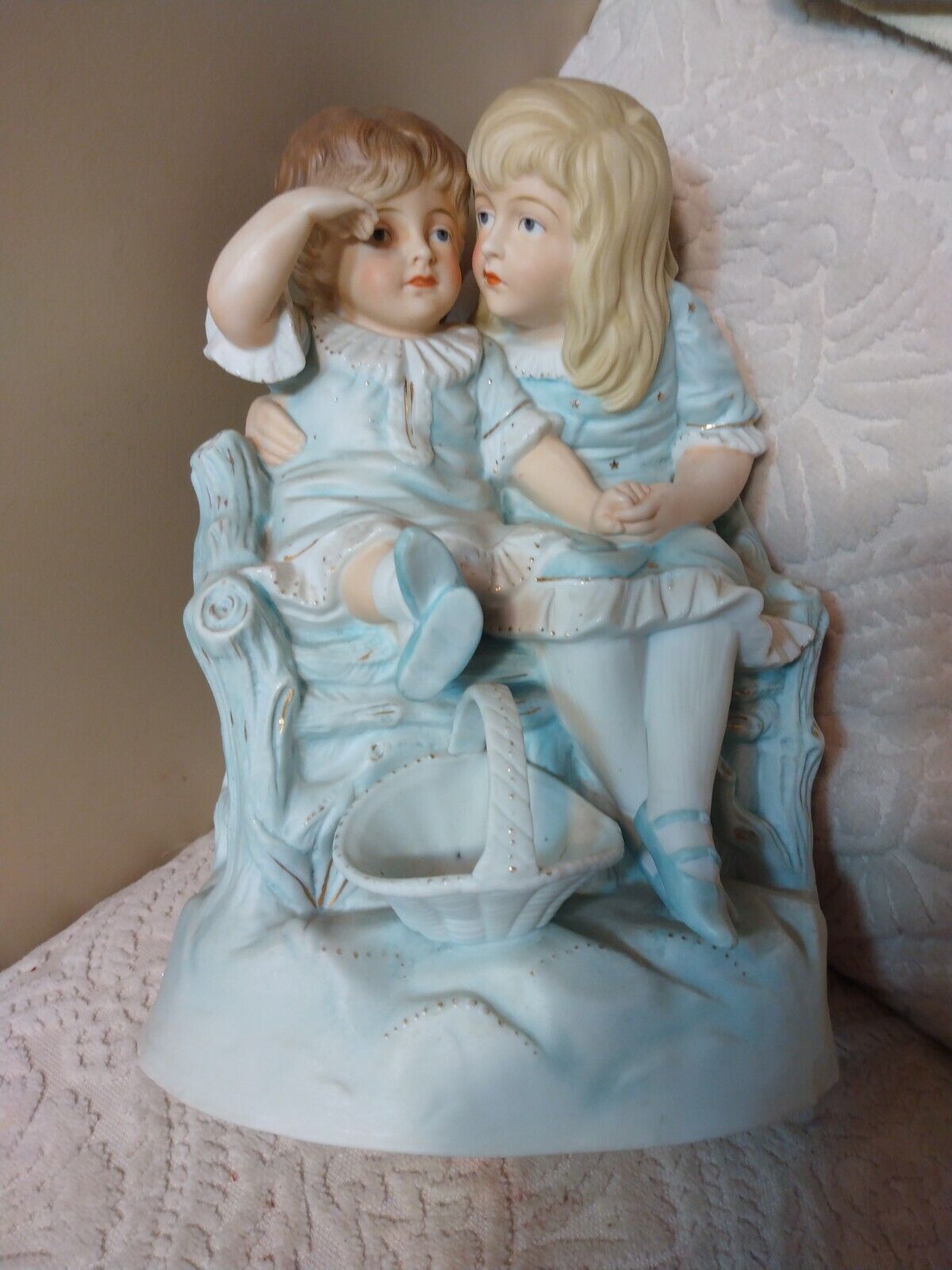 Antique German Bisque Porcelain Heubach Type Figurine Children Hugging Lt Blue