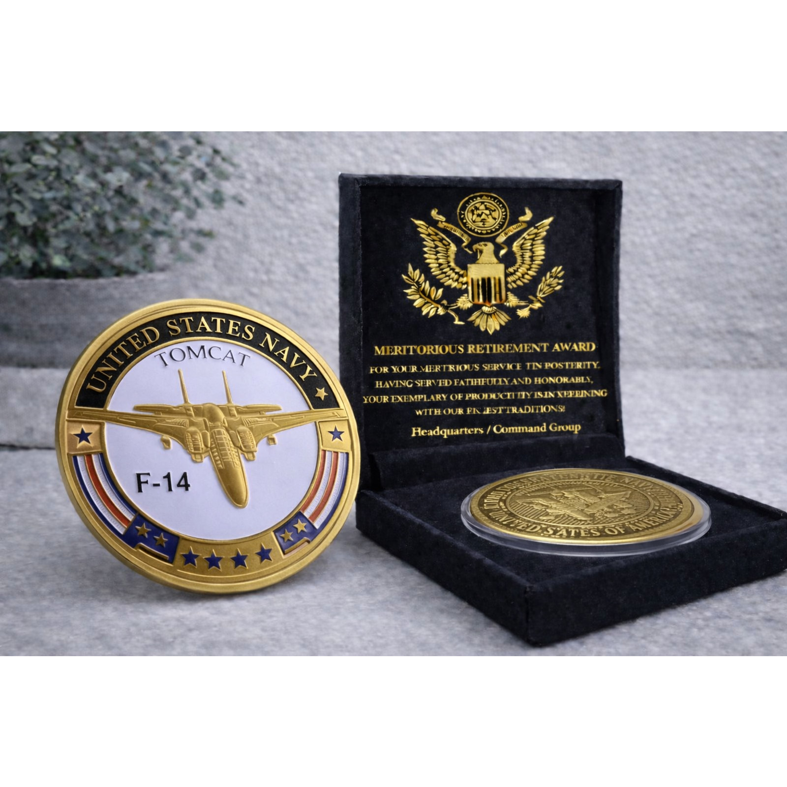 U S NAVY F-14 TOMCAT Challenge Coin USN w/ Retirement Award