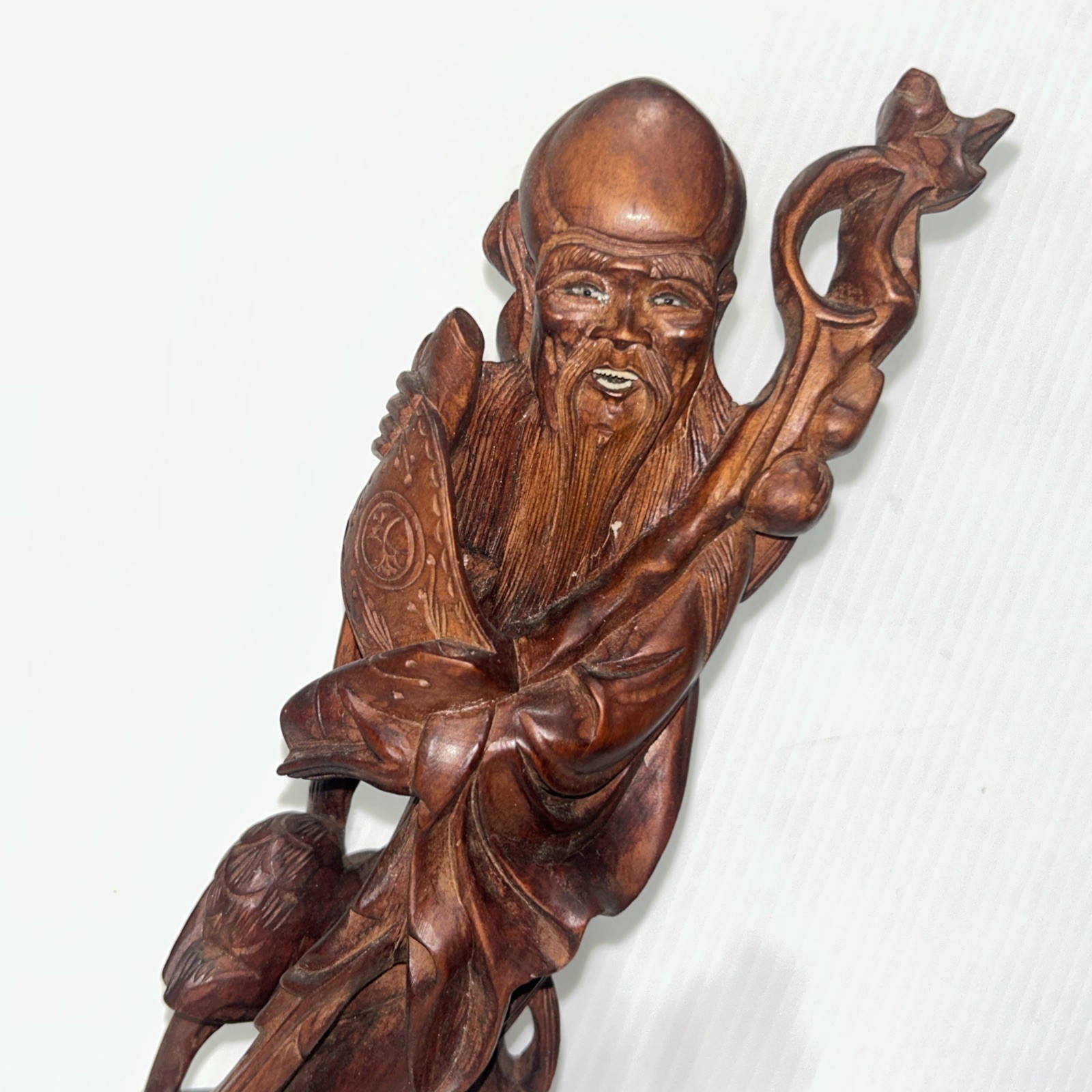 Vtg Chinese Carved Wood Shou Lao God Longevity Statue Inlaid Eyes Teeth Crane