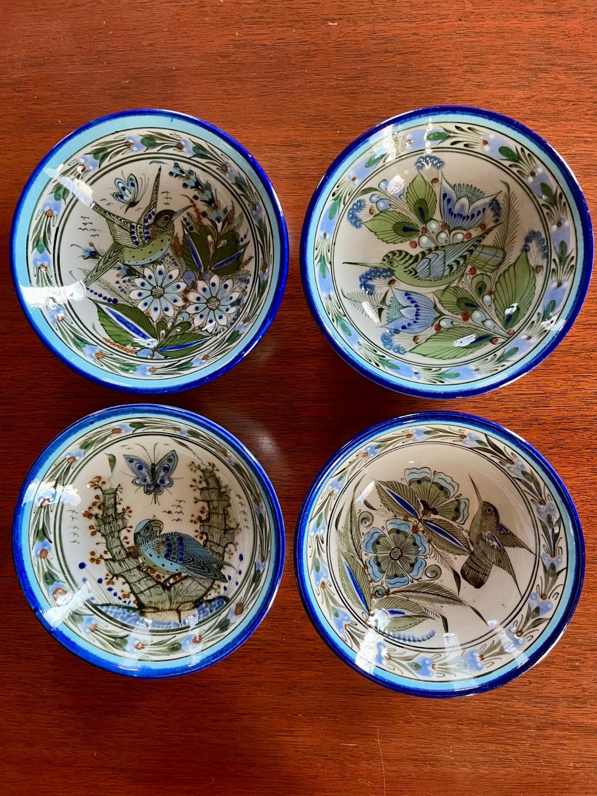 Signed Ken Edwards Pottery Series 4 Bowls 6.75” Birds Stoneware Blue Tonala