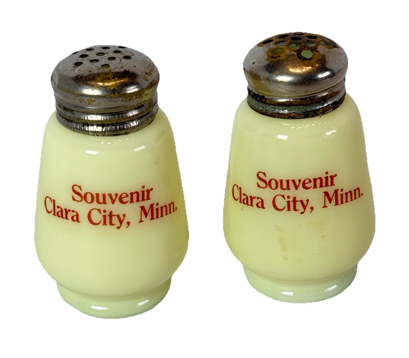 CLARA CITY, MINNESOTA MN Uranium Antique Custard Glass Souvenir Salt Shakers