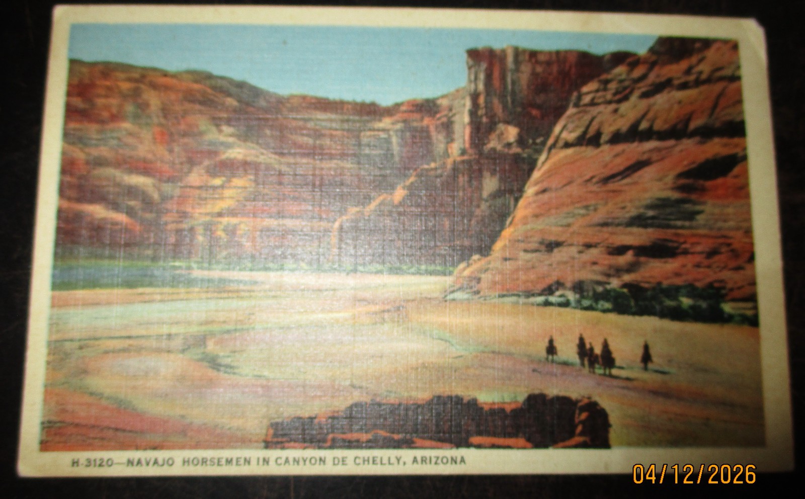 Vintage Fred Harvey Postcard Navajo Horsemen in Canyon de Chelly Arizona H3120