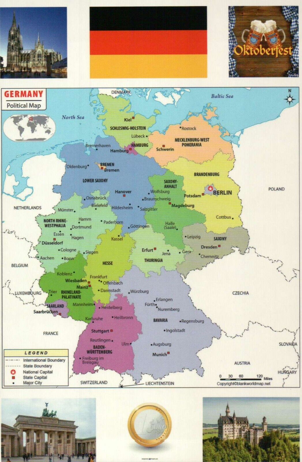 Map of Germany, Flag, Euro, Oktoberfest, Brandenburg Gate etc. - Modern Postcard