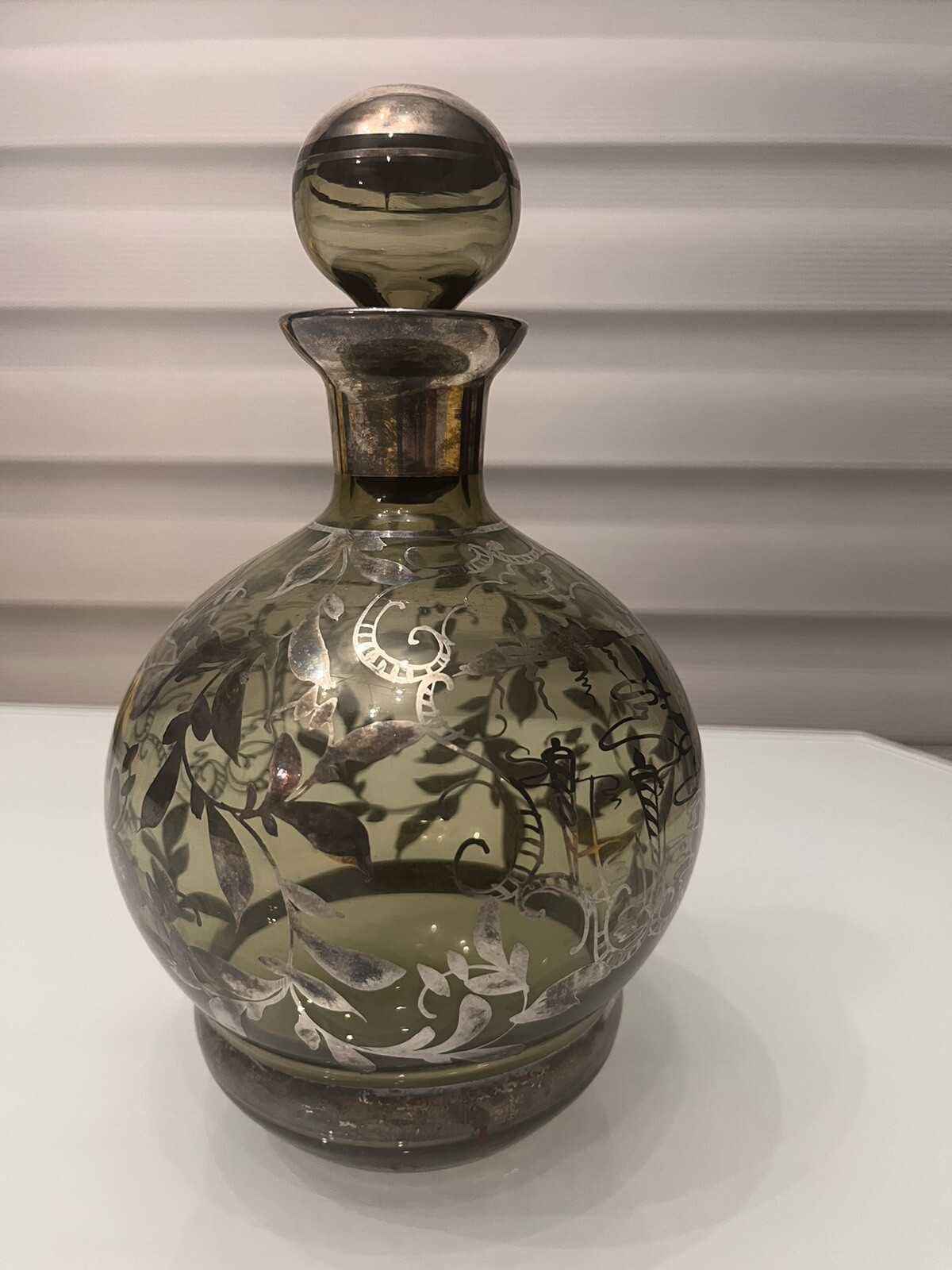 Antique Smokey Clear Glass Silver  Overlay Hand Painted Decanter black 