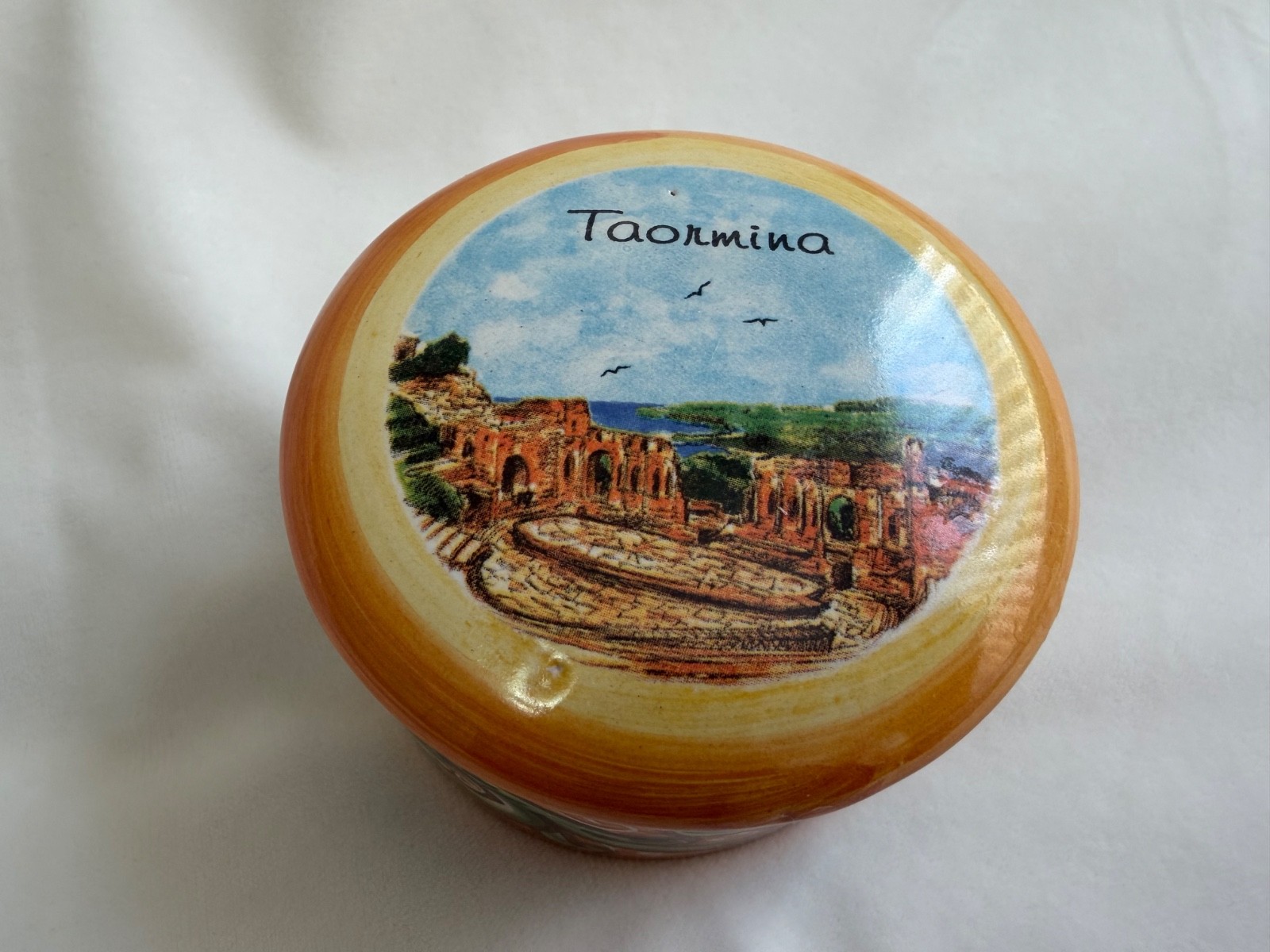 Vintage Caltagirone Sicily Hand Painted Ceramic Lidded Trinket Box - Taormina
