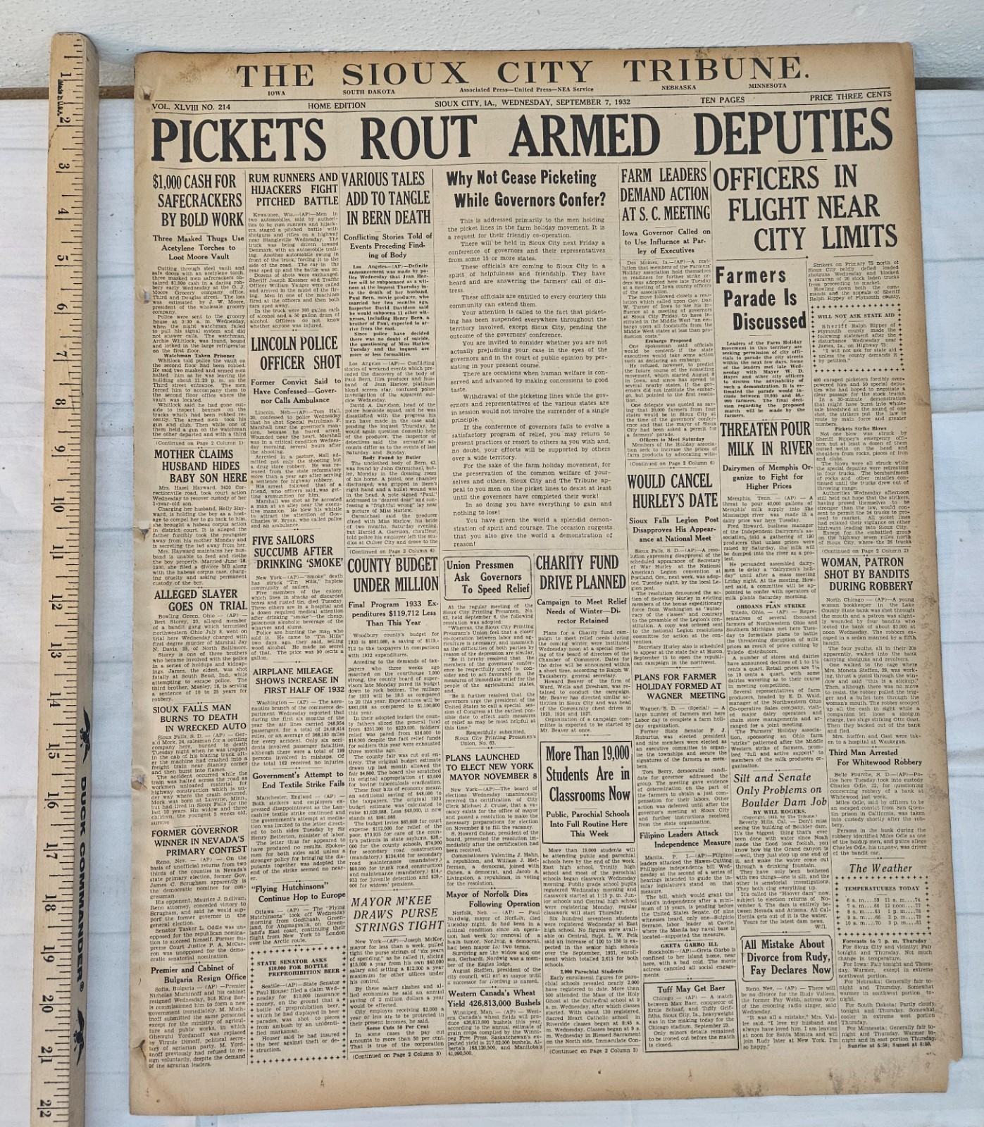 9/7 1932 Sioux City IA Tribune Newspaper PICKETS ROUT ARMED DEPUTIES Headline