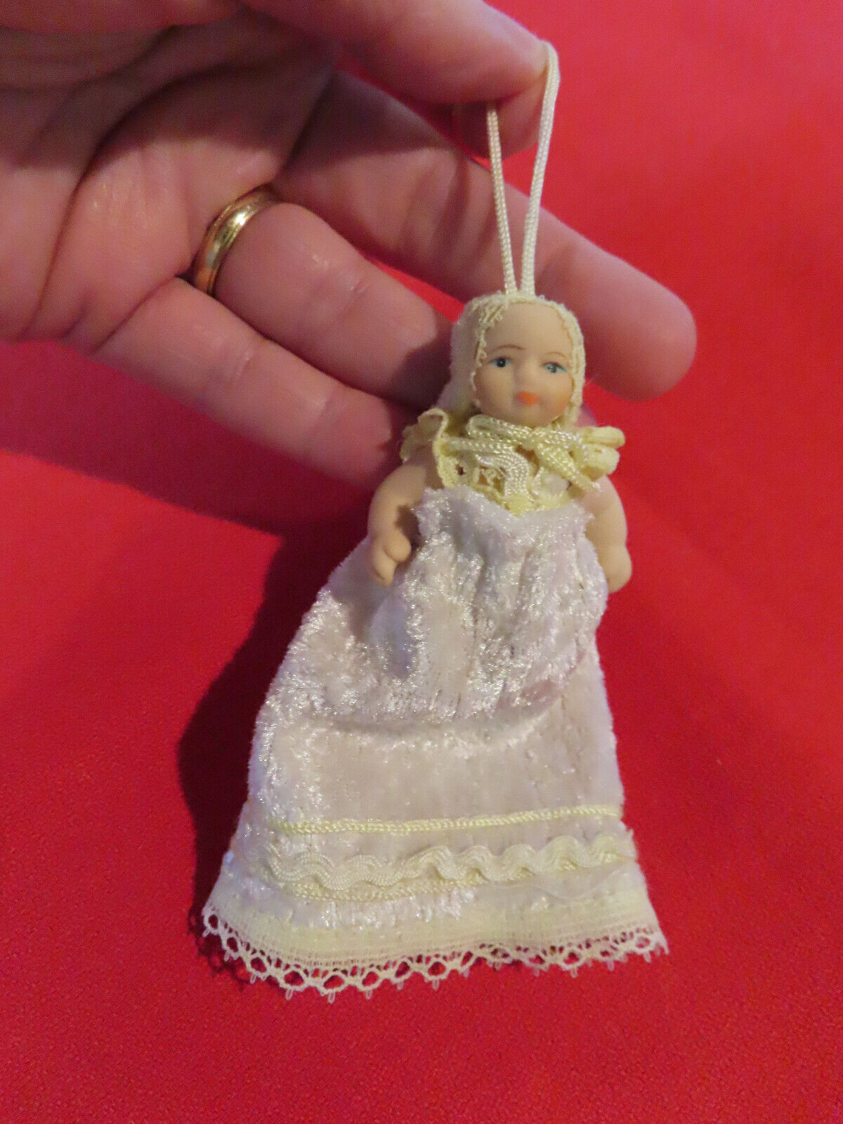 Jointed bisque miniature Victorian dressed baby doll Christmas tree ornament