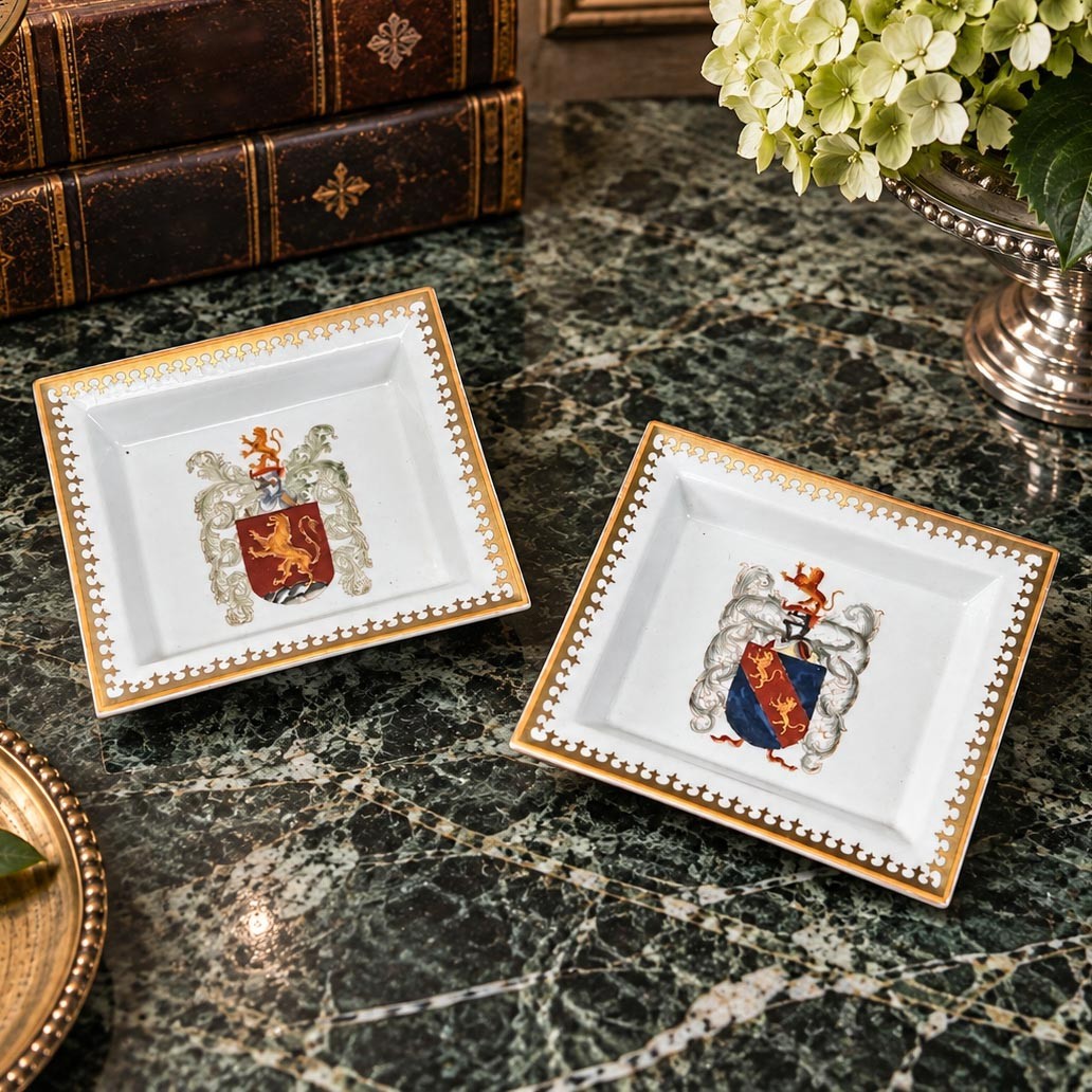 Pair Vintage Porcelain Armorial Catchall Trays Heraldic Coat of Arms Dish