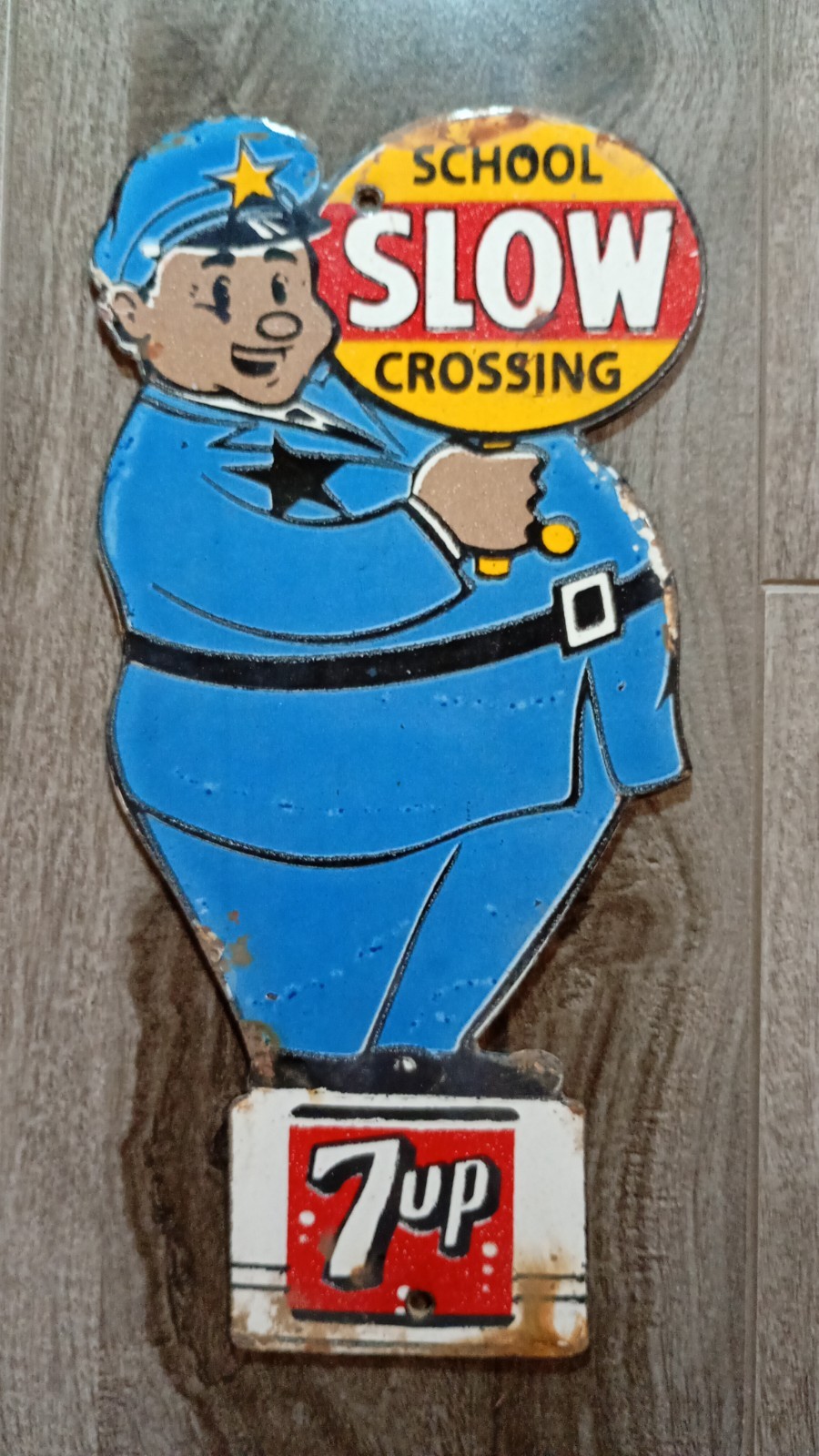 Vintage 7up School Crossing Sign: Porcelain Enamel Metal, 8\ Vintage 7up School Crossing Sign: Porcelain Enamel Metal, 8\