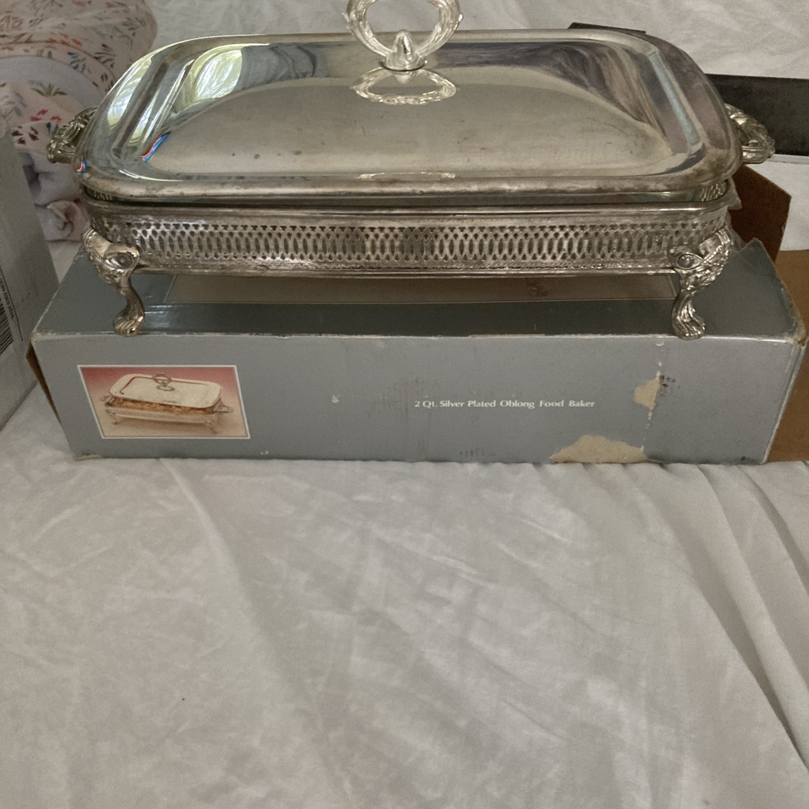 Vtg. 2Qt. Silver Plated Casserole Dish w/ Lid & Glass Holder Ornate W/ Org. Box
