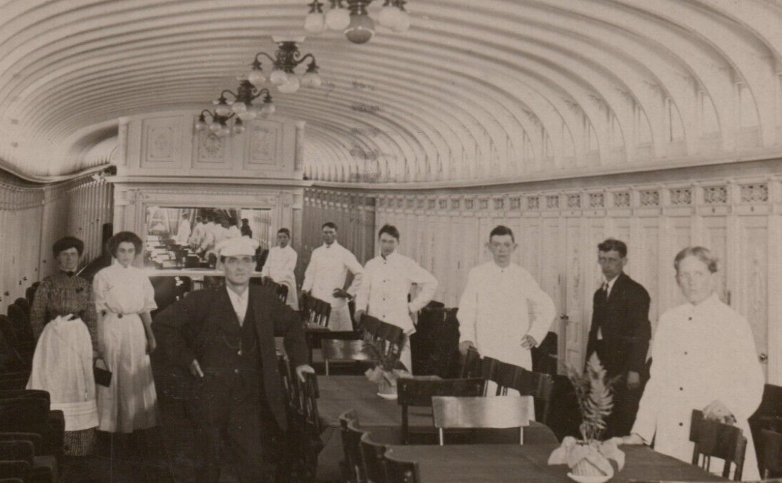 Dining Room Pere Marquette Michigan RPPC Postcard Staff Crew 1909 RR Train