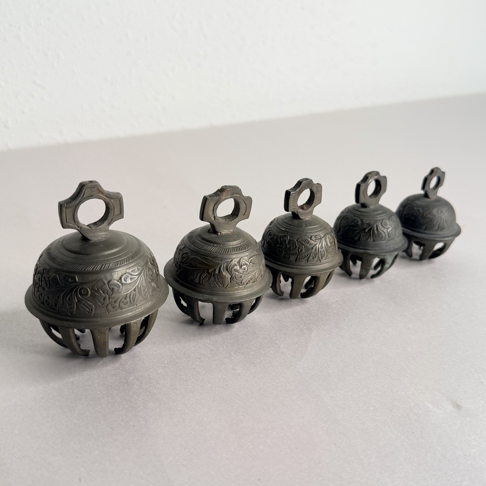 5 Etched Vintage India Brass Claw Bells On Rope Unique Sound