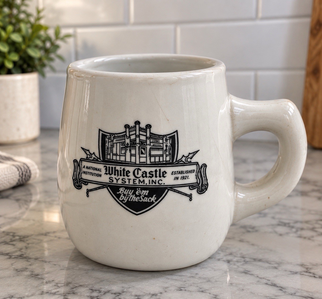 Vintage White Castle Mug Mayer China Beaver Falls PA “Buy ‘em by the sack”