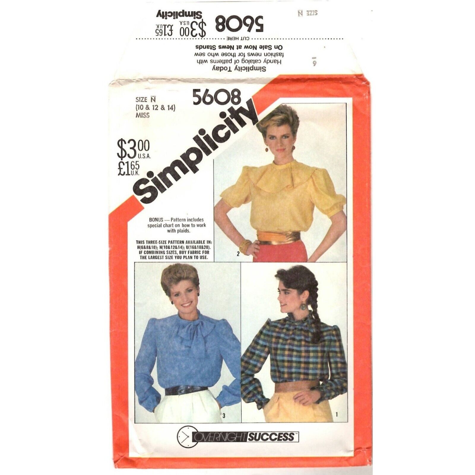 VTG 1982 Simplicity 5608 Women\'s N (10,12,14) Pullover Blouse Pattern Sew