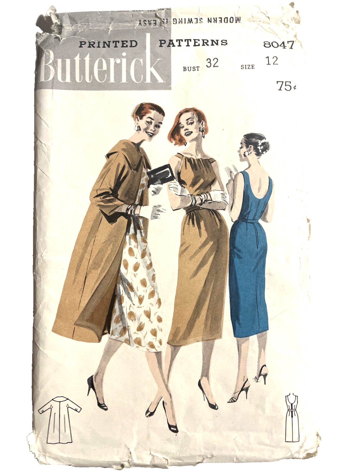 Butterick 8047 Slim Lined Coat Dress Gathered Bodice Deep U Back Bust 32 MCM