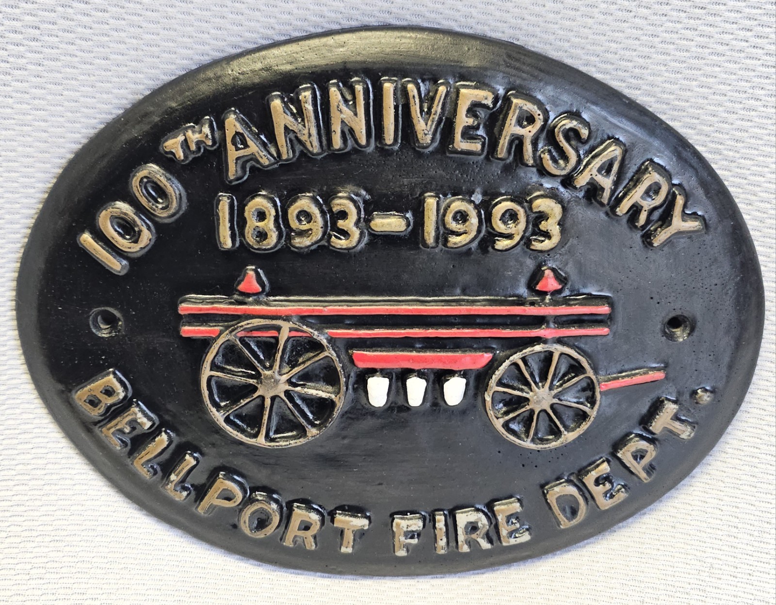 Vintage Bellport Fire Dept Cast Iron Plaque Long Island FDNY 100th Anniversary