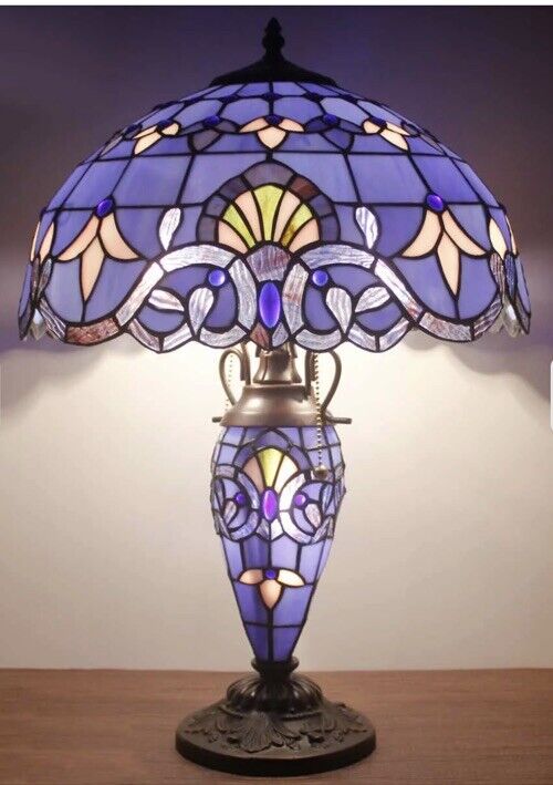 24”Double-Lit Victorian Purple Passion Stained Glass Tiffany Style Table Lamp