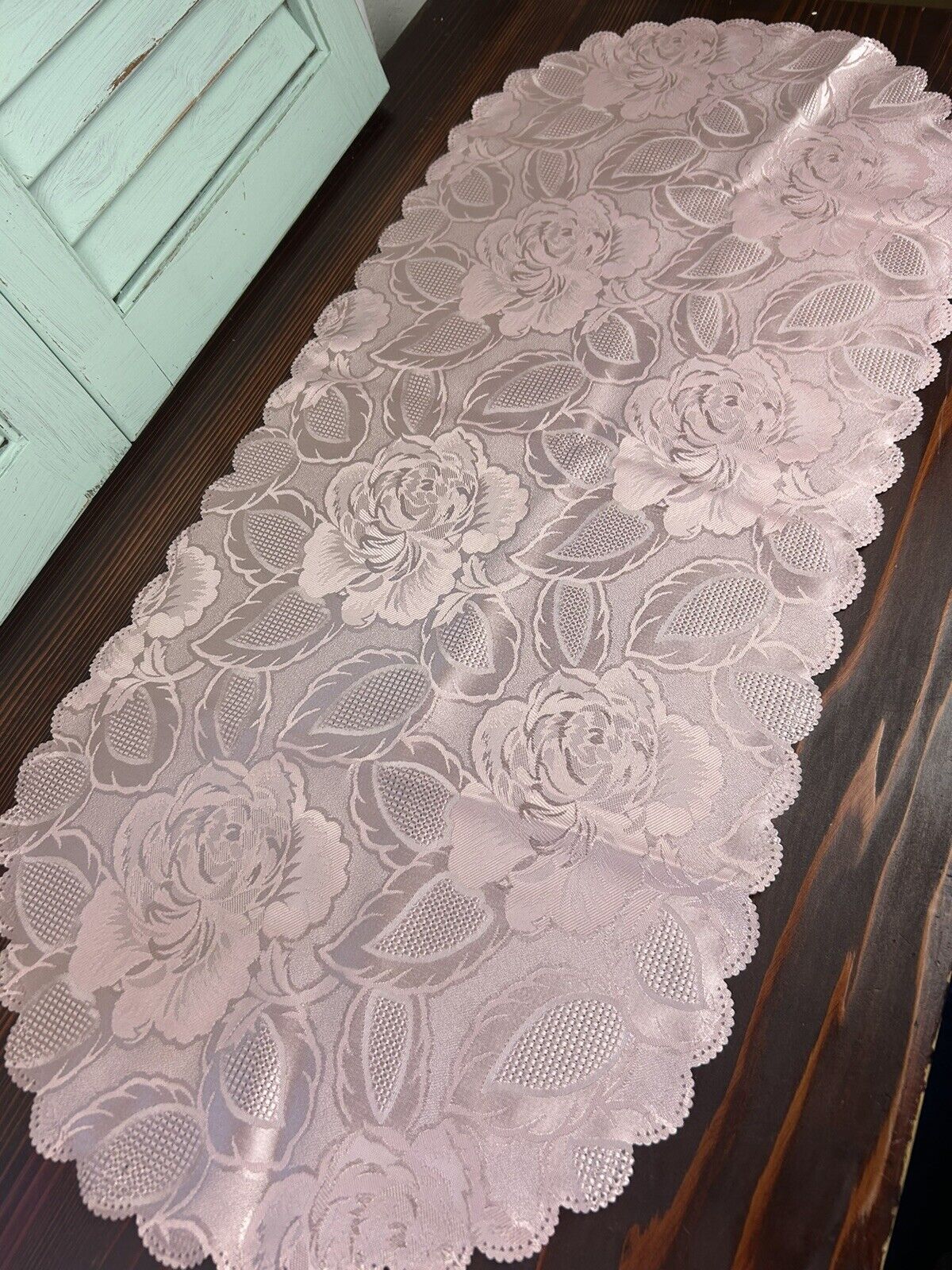 Vintage Pink Satin Table Runner Dresser Scarf Scalloped Roses Granny Chic 15x35