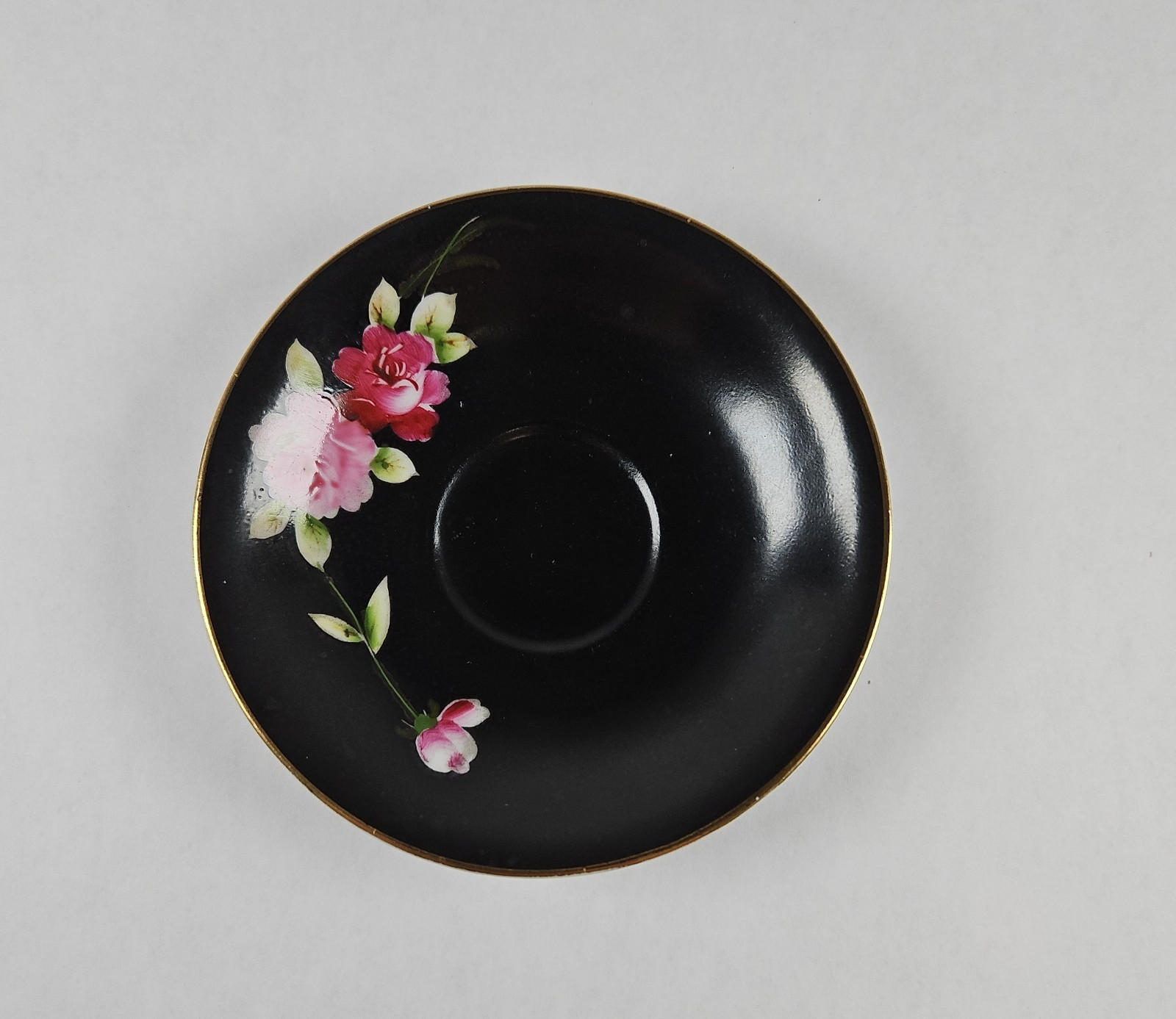 Vintage Chugai China Demitasse Saucer Only Black Pink Rose Occupied Japan 4.75\