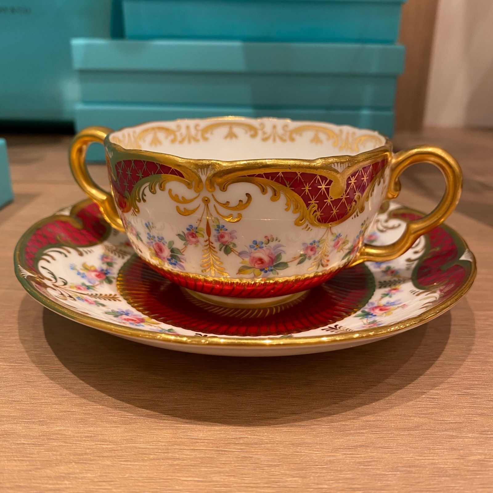 Antique Tiffany & Co Cauldon England Cabinet Cup Saucer Floral Gold Collectible