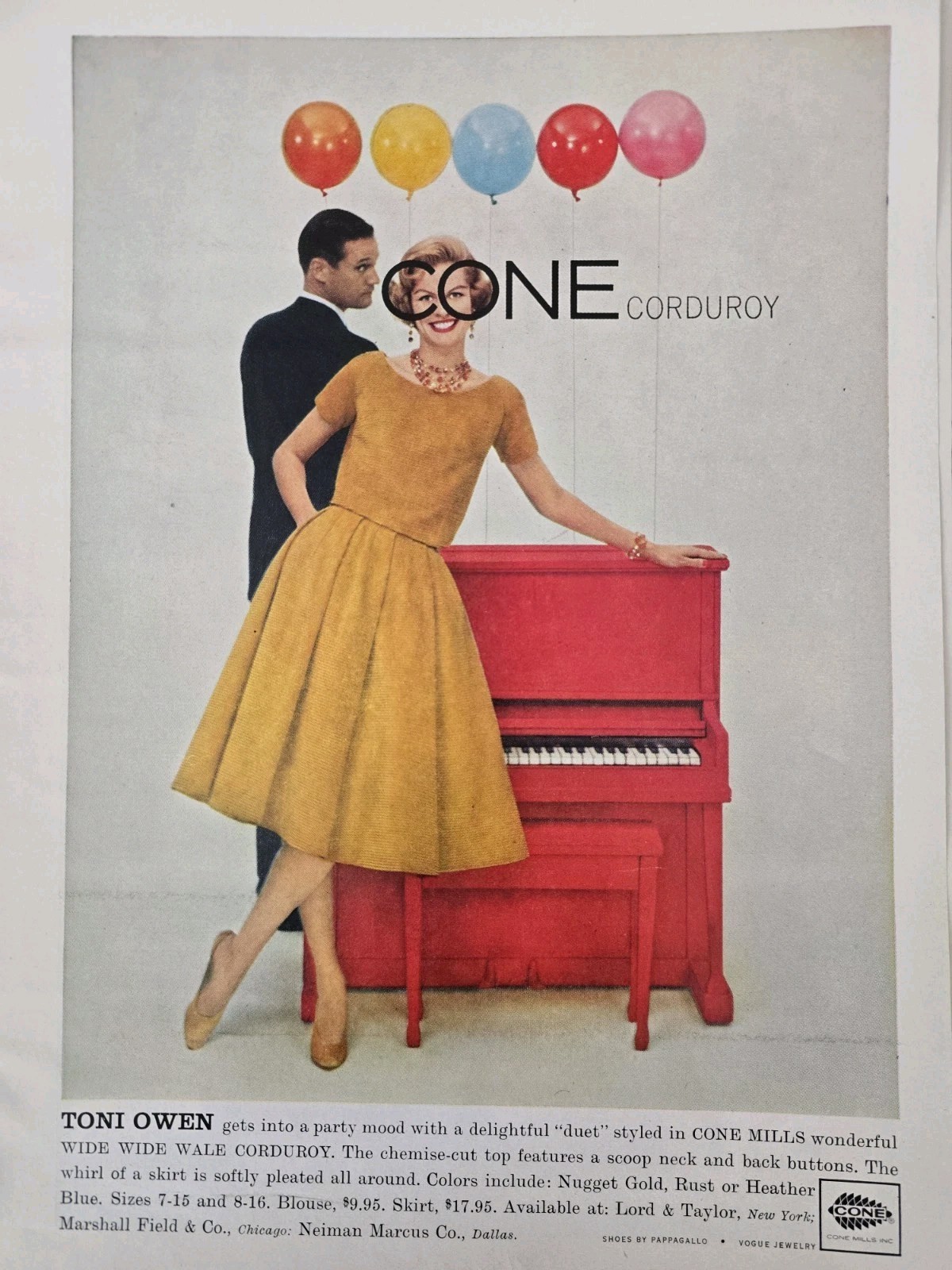 1958 Women's Toni Owen Cone Corduroy party dress red piano Vintage ad