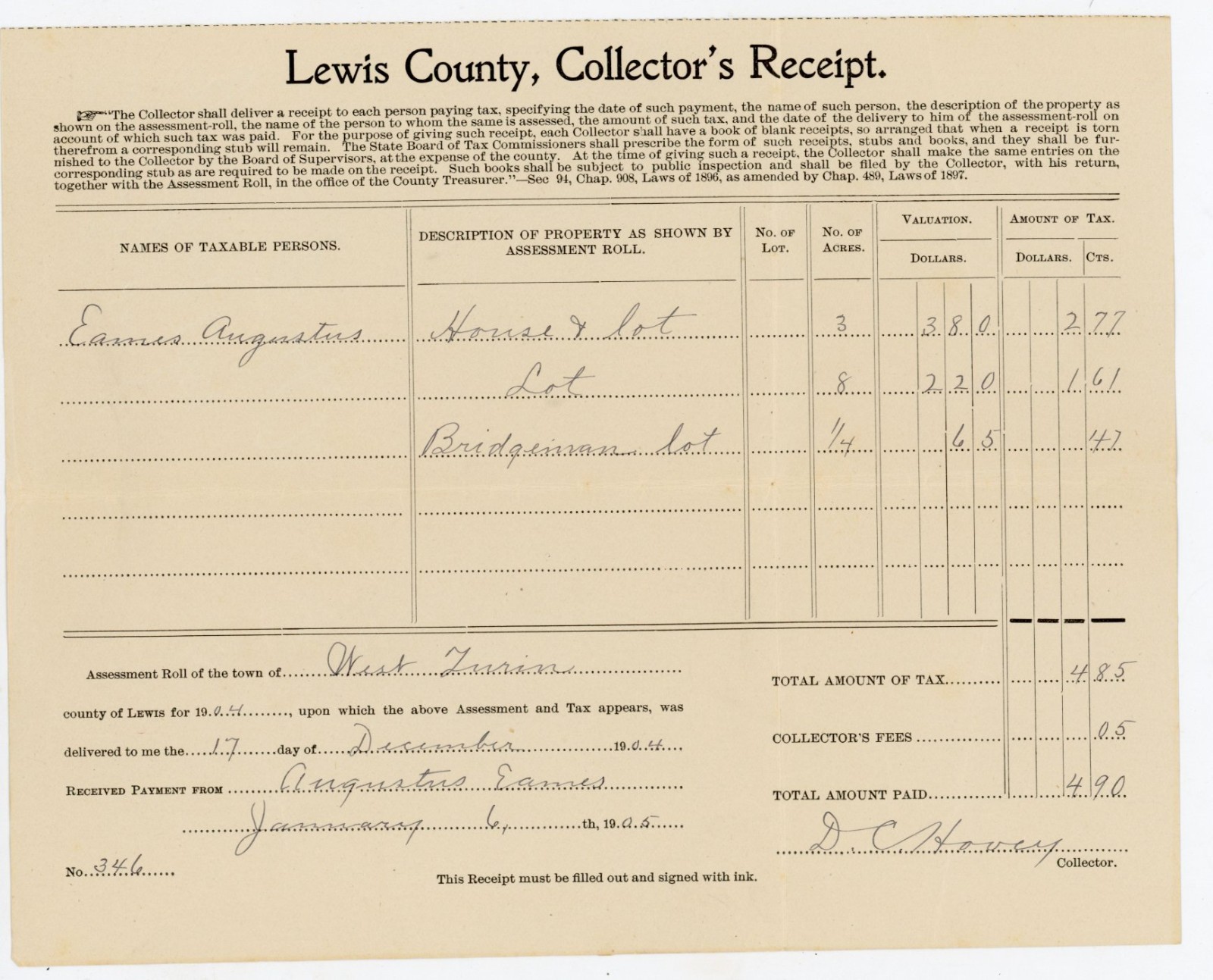 1905 Antique Tax Receipt Lewis County NY West Turin Augustus Eames 1904 Assessme