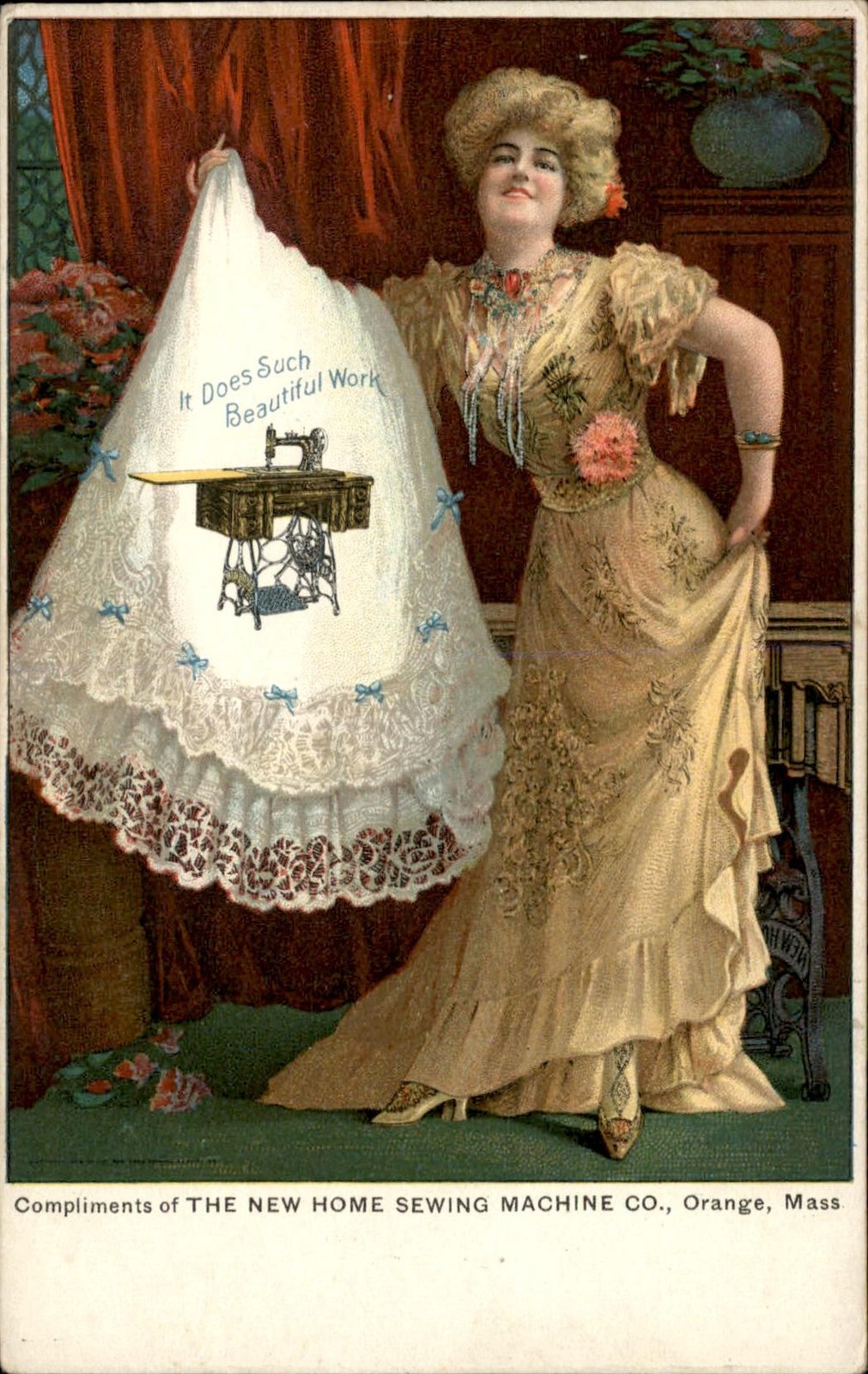 Orange MA New Home Sewing Machine Beautiful Woman c1910 Vintage Postcard bhn
