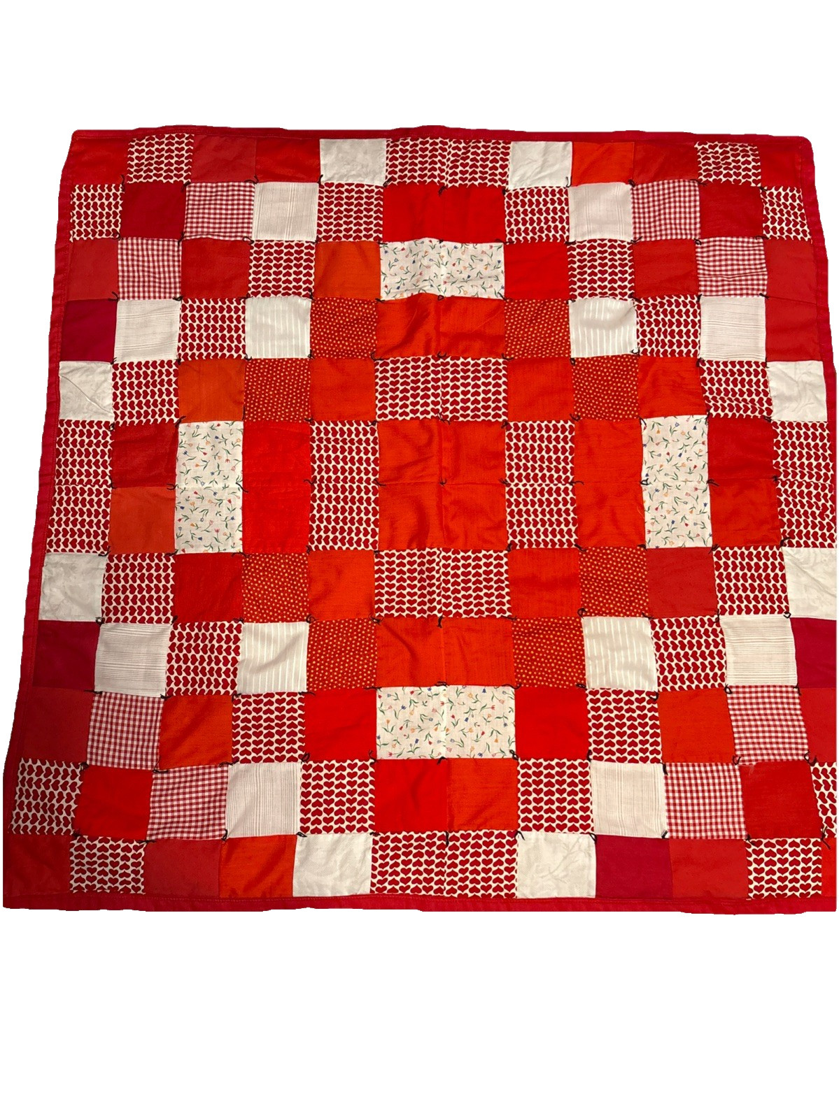 Small Handmade Patchwork Quilt – Red & White Heart Themed Fabric Squares 37\