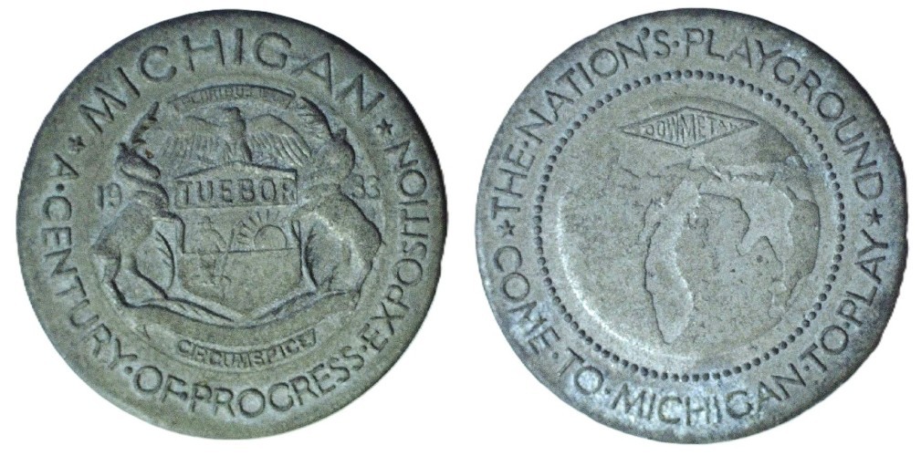 1933 CENTURY OF PROGRESS MICHIGAN DOLLAR - sc$1 HK-473b - DOW METAL - EC 9944