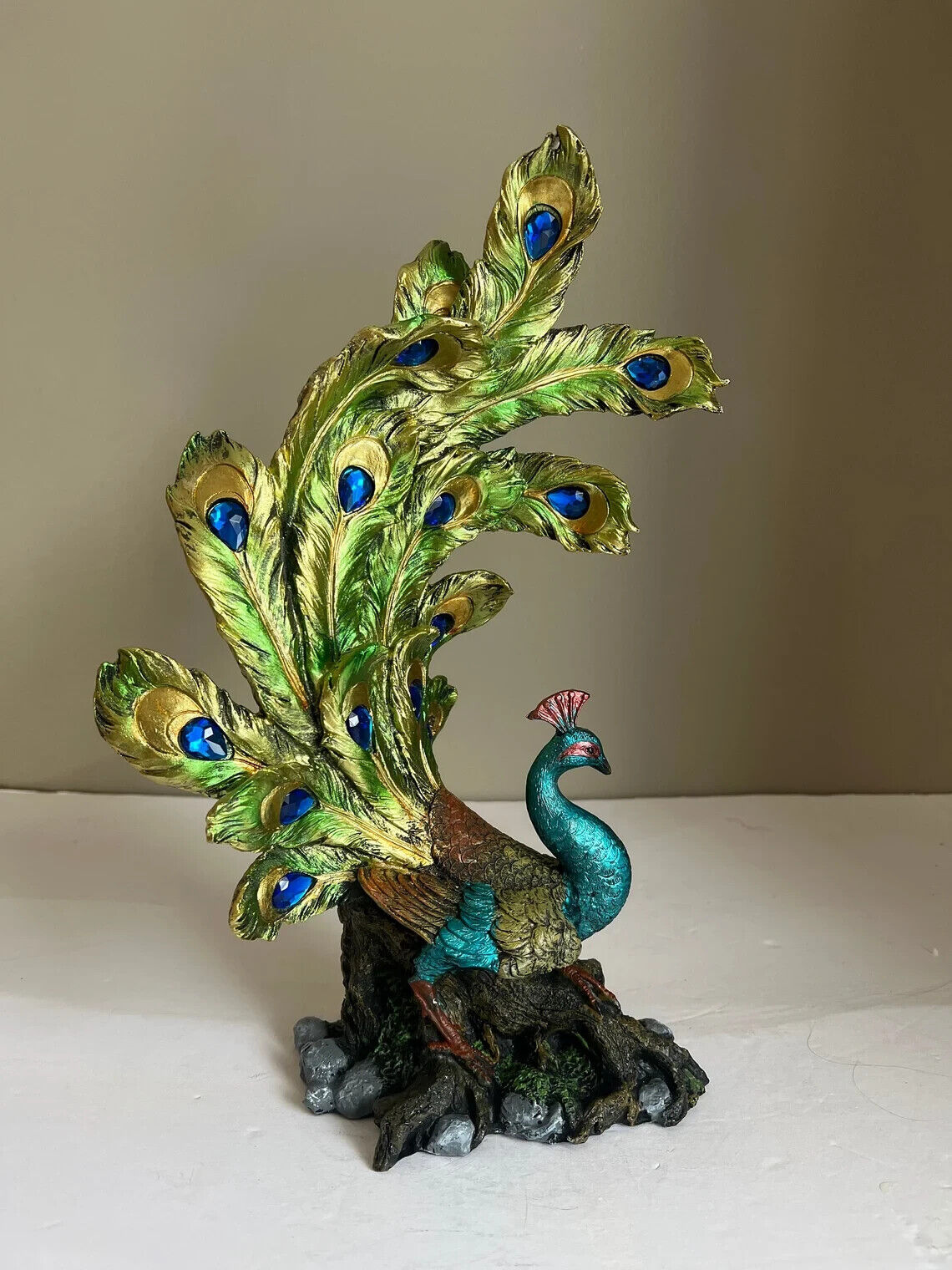 Peacock Figurine /Colorful Display/ Statue Bird Resin Feathers Crystals 14 in. T