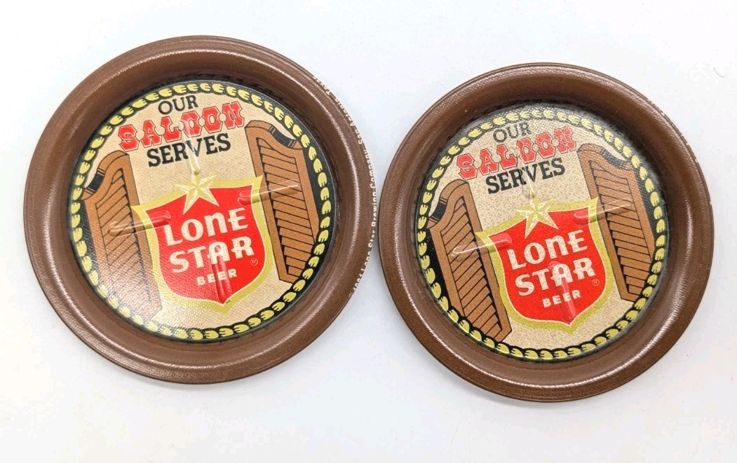 Vintage Lone Star Beer Coasters Pair 2x Texas Metal Tin Saloon Brown Western Bar
