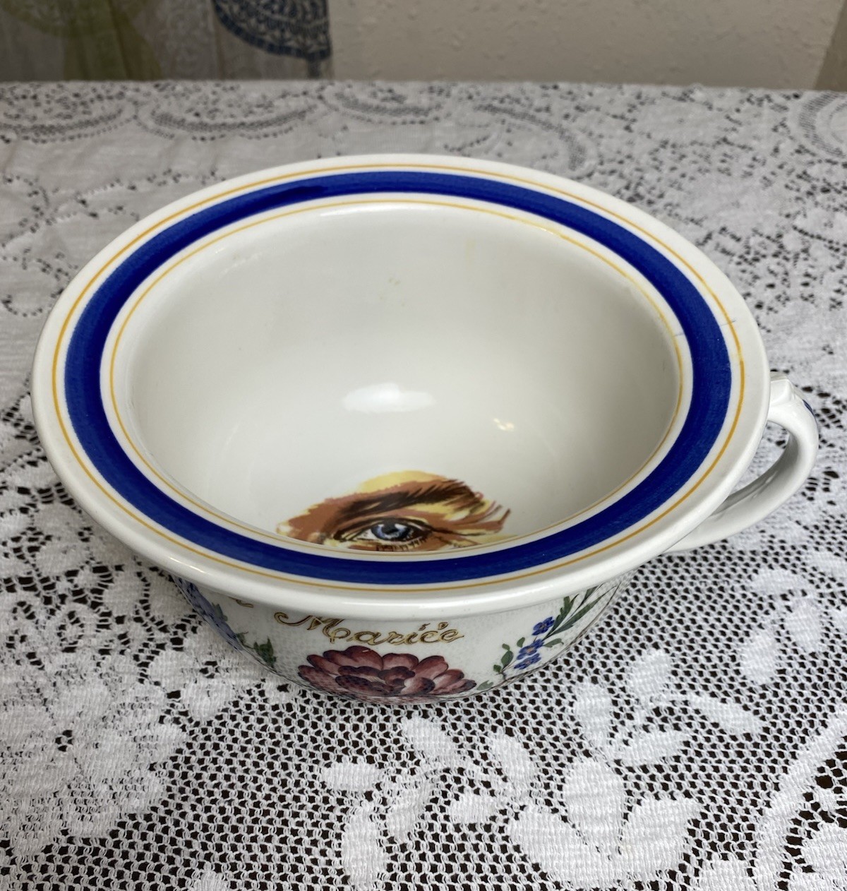 VTG French Peeping Eye Wedding Chamber Pot A La Mariee Hand Painted Blue