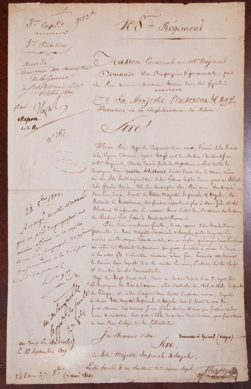 1809 Napoleon Bonaparte Signed Approves Son Request For 4x Battle Wounded Father