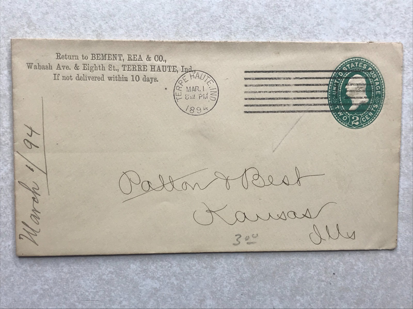 Bement, Rea & Co. Terre Haute IN Envelope Letterhead Postal Cover EN3027
