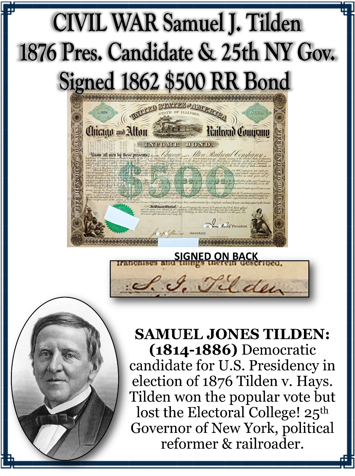 CIVIL WAR 1862 Samuel J. Tilden, Pres. Candidate 1876 & NY Gov. Signed $500 Bond