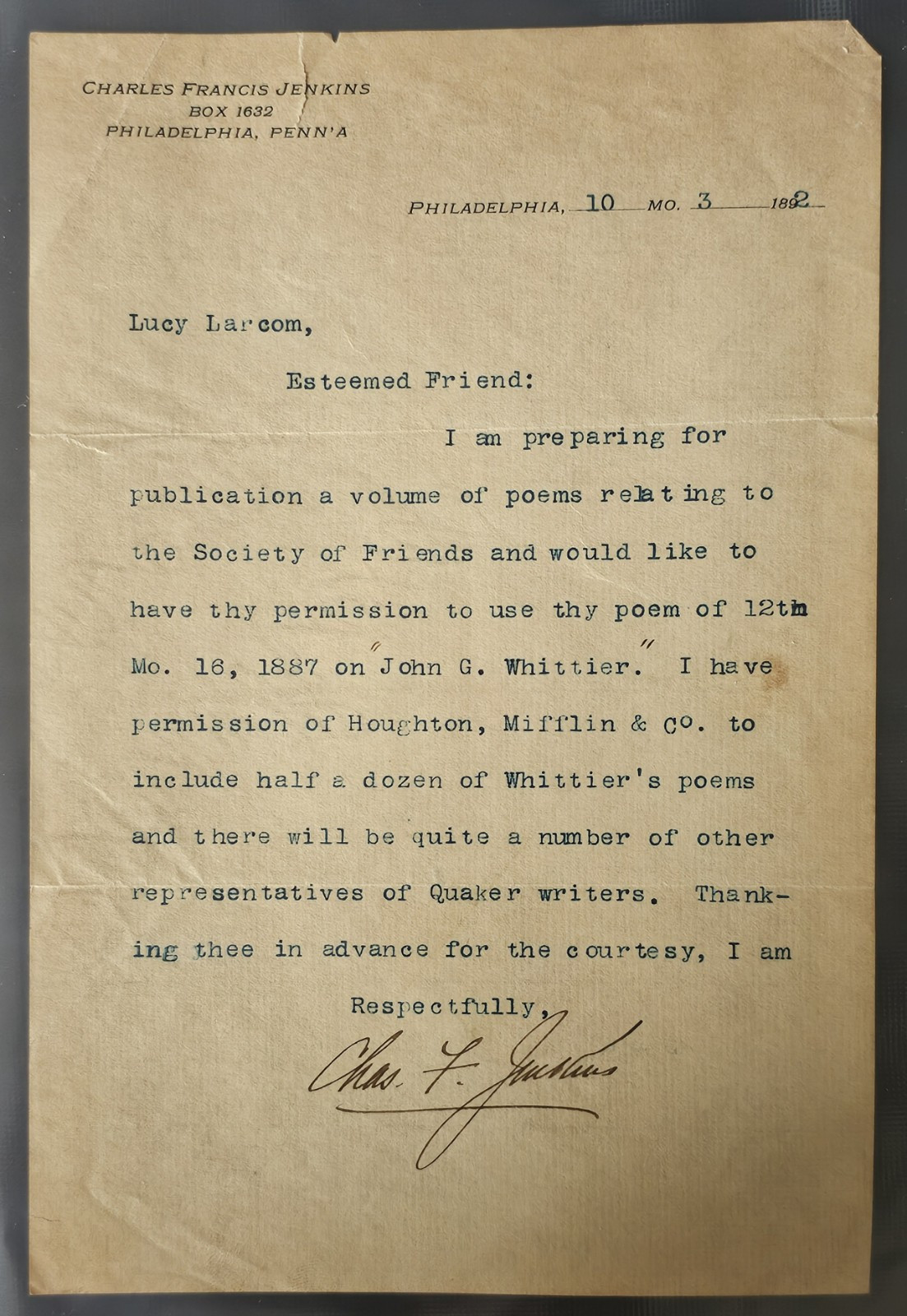 1892 Charles Francis Jenkins ALS To Lucy Larcom, Re: Quaker Poetry & JG Whittier