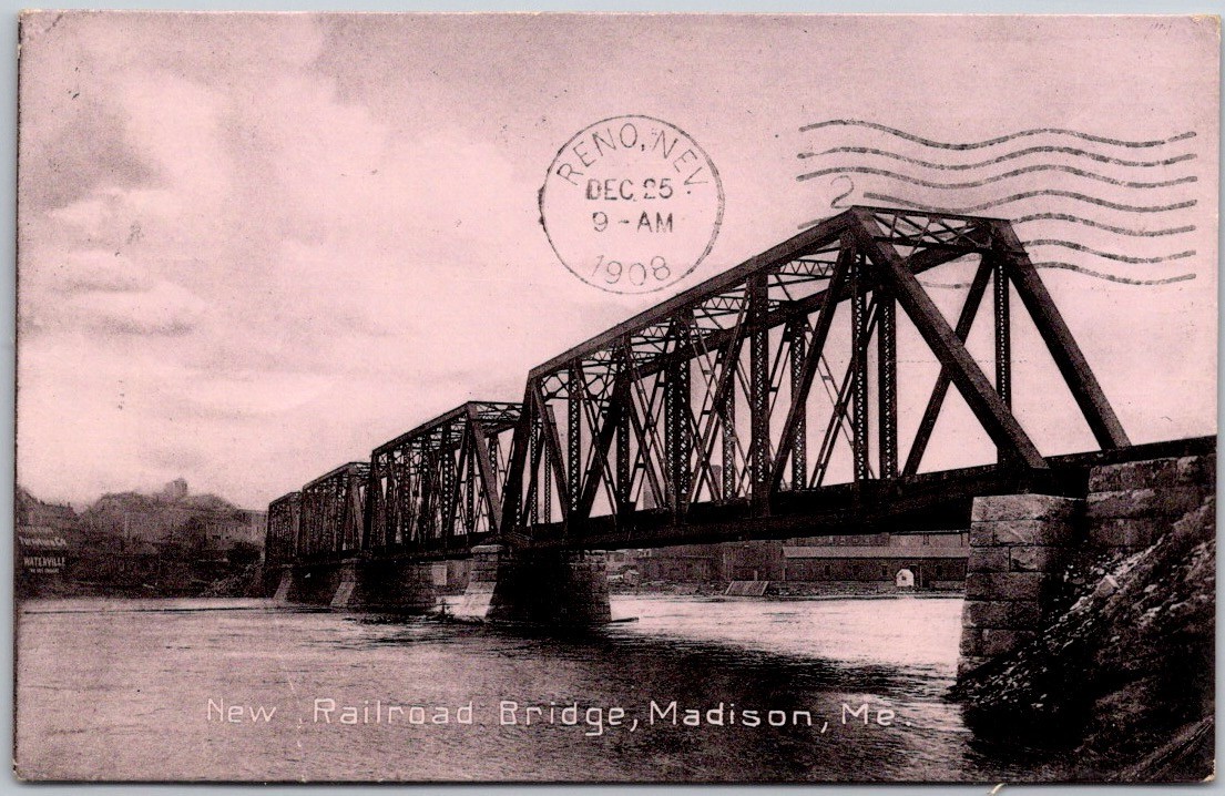 Antique 1908 Postcard New Railroad Bridge, Madison, Maine ~ George Cushing