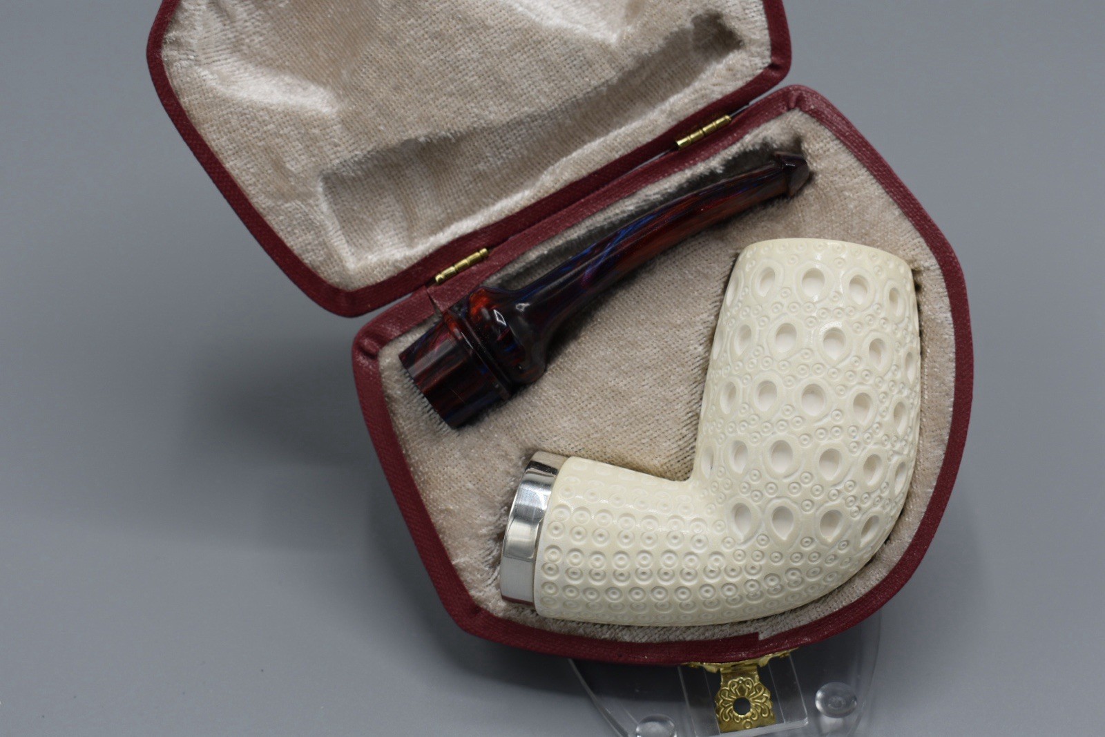 TEKIN Lattice Bent  Pipe  BLOCK MEERSCHAUM-NEW Handmade Case#135 Reverse Calabas