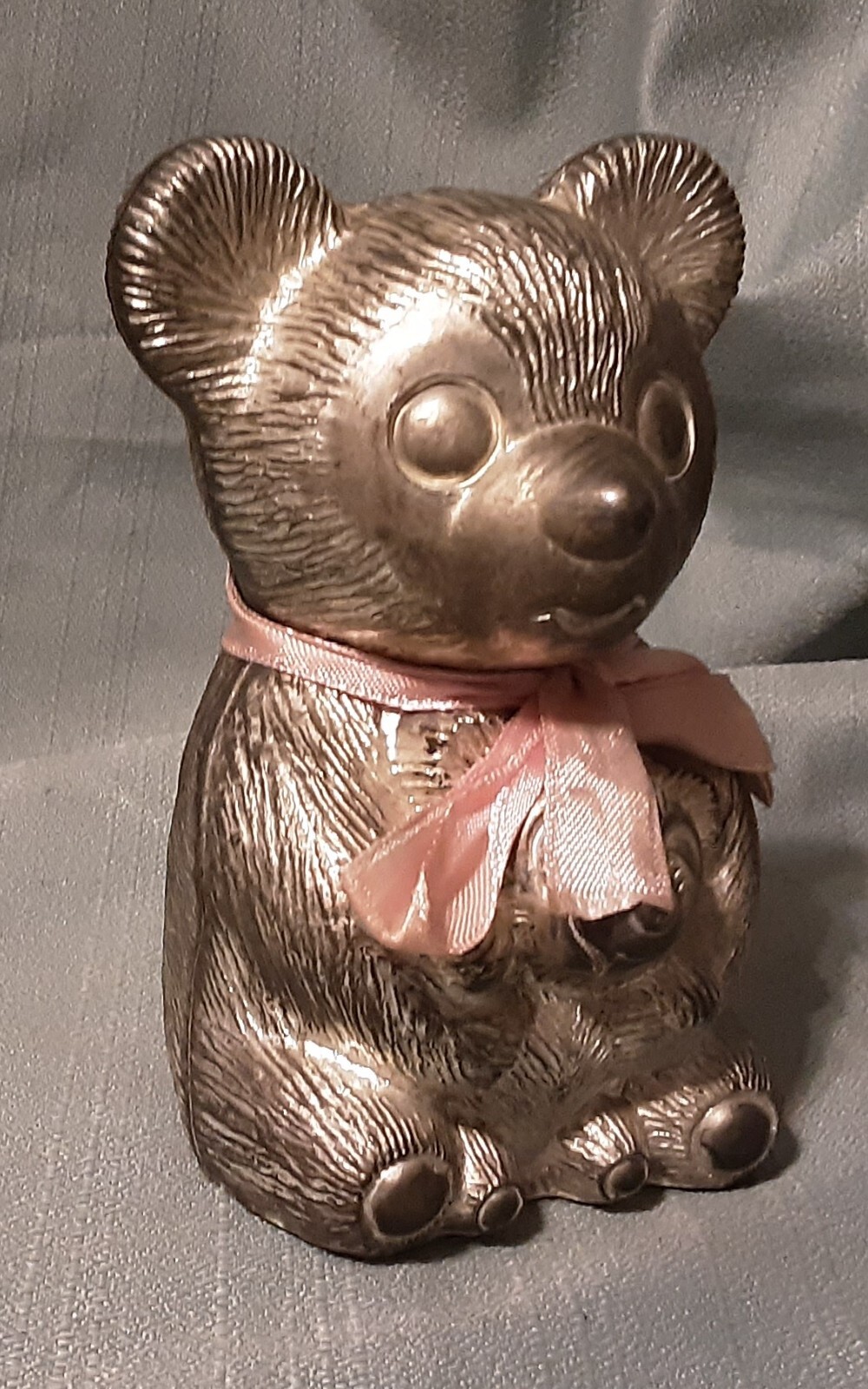 Vintage Children\'s Silverplated Mama & Baby Teddy Bear Piggy Bank Coin Bank